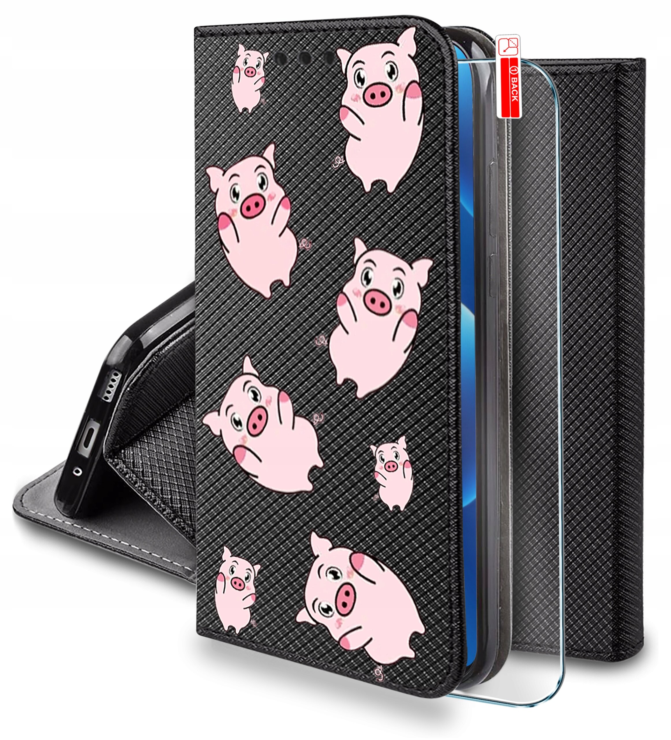 Etui na telefon z czarnym wzorem i różowymi świnkami, obok którego znajduje się szkło ochronne. Na szkło naklejona jest czerwona etykieta z napisem \'OB BACK\'.