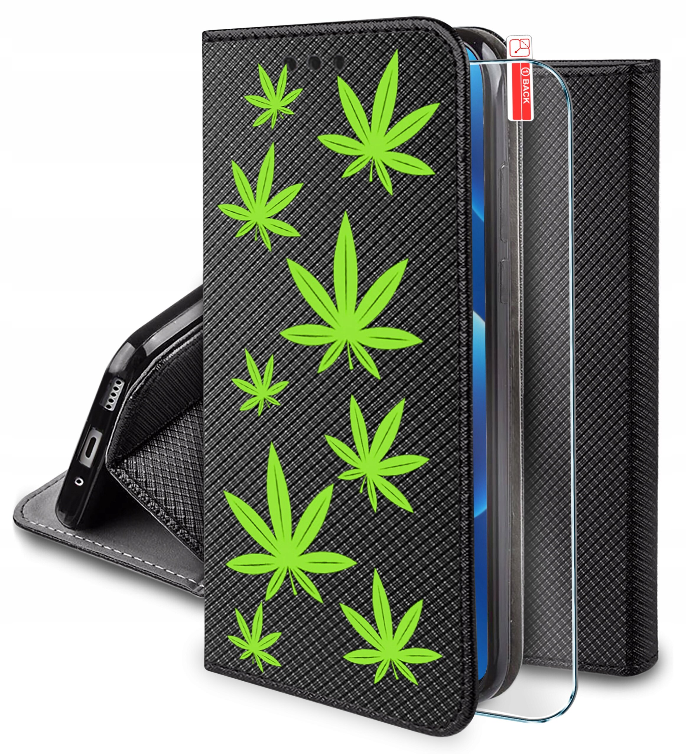 Czarne etui z zielonymi wzorami przypominającymi liście, przeznaczone do telefonu, z widocznym szkłem ochronnym. Na szkło naklejona jest czerwona etykieta z napisem \'OB BACK\'.