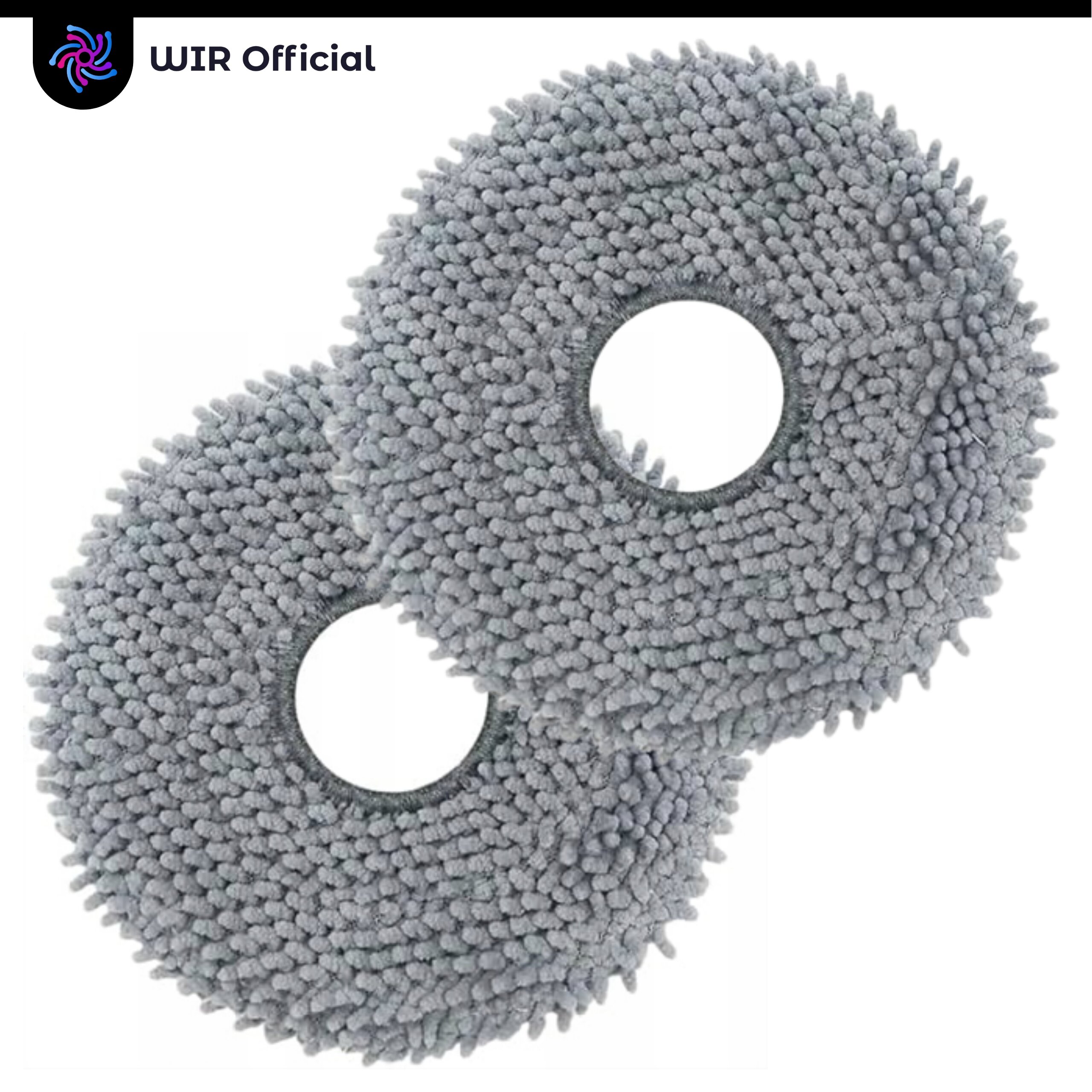 Dwa okrągłe, szare nakładki z mikrofibry z otworem pośrodku. W lewym górnym rogu widoczne jest logo z napisem \'WIR Official\'.