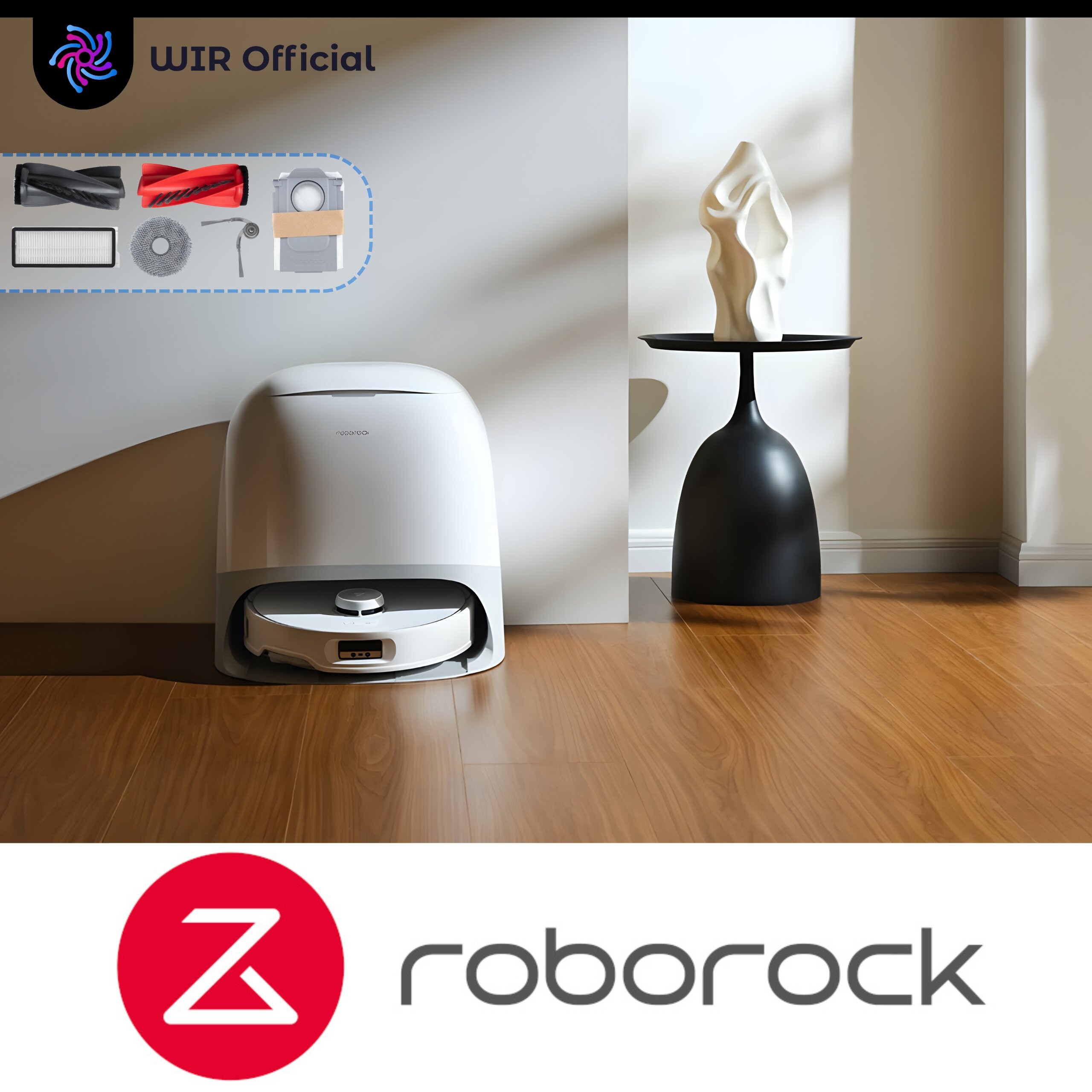 Na drewnianej podłodze stoi biały odkurzacz automatyczny w stacji dokującej. W górnej części obrazu widoczne są akcesoria do odkurzacza, a na dole logo \'roborock\'.