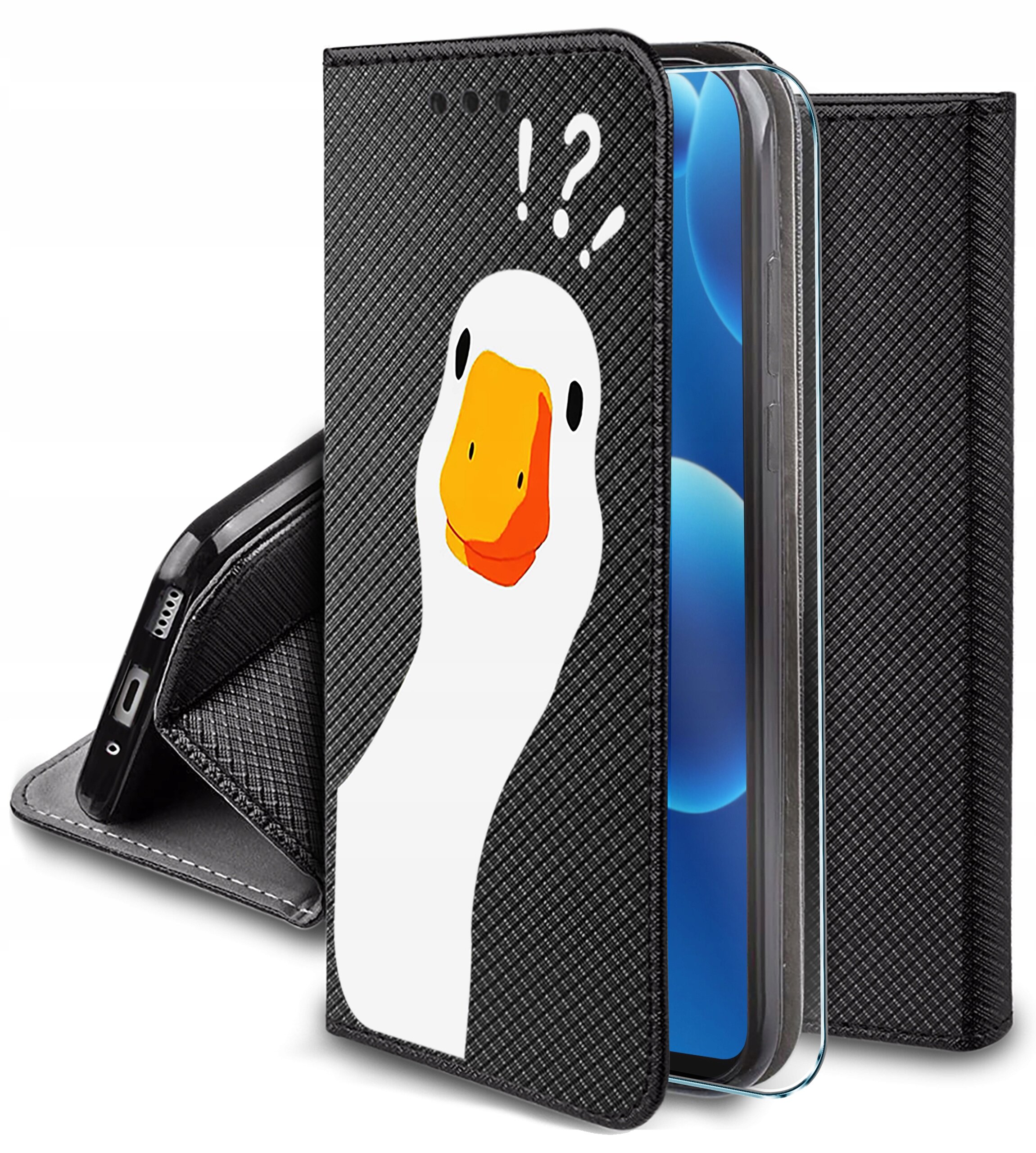 Etui na telefon z czarnym wzorem i grafiką białej kaczki z pomarańczowym dziobem oraz znakami zapytania i wykrzyknikami nad głową. Etui ma funkcję portfela i jest wyposażone w szkło ochronne 9H.
