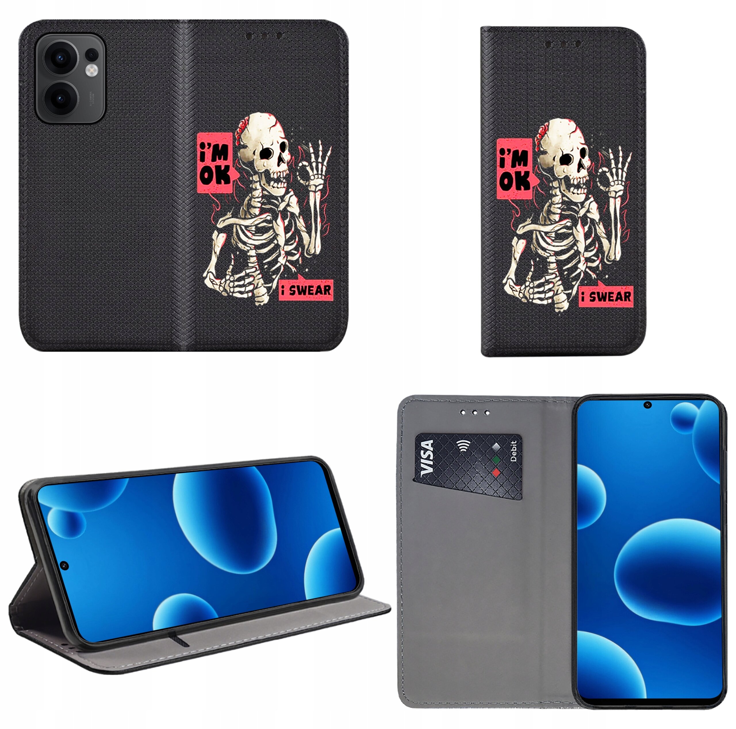 Etui na telefon z nadrukiem szkieletu i napisami \'i\'m OK\' oraz \'i SWEAR\'. Wewnątrz etui znajduje się miejsce na kartę płatniczą z widocznym napisem \'VISA\'.