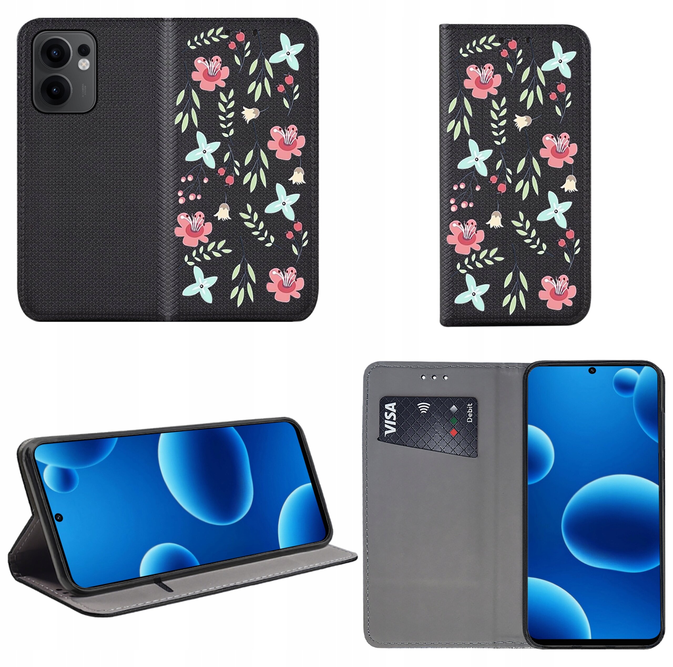 Obraz przedstawia etui na telefon z kwiatowym wzorem w kolorach różowym, niebieskim i zielonym. Etui ma funkcję stojaka i miejsce na kartę płatniczą z napisem \'VISA\'.