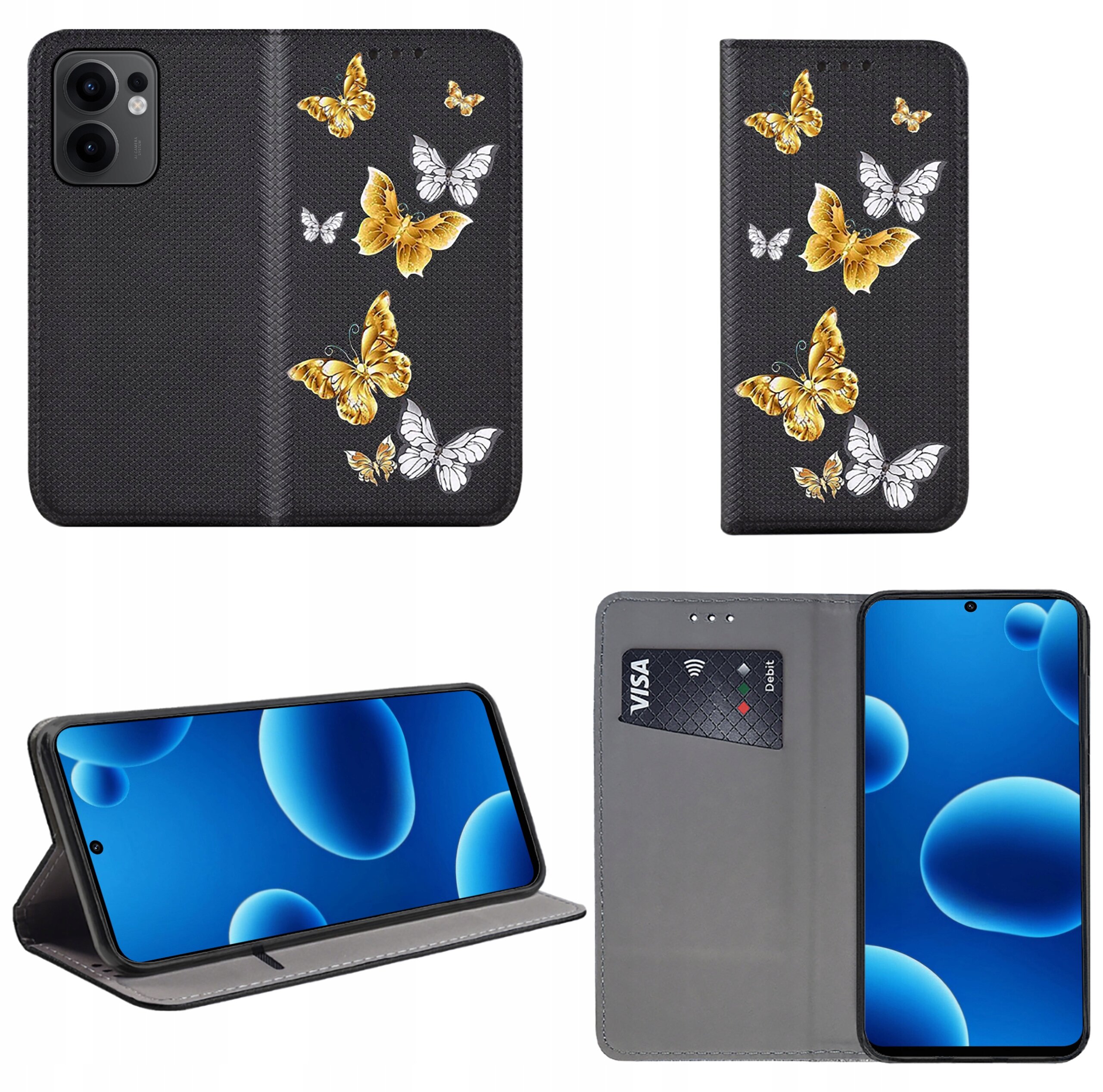 Etui na telefon z motywem złotych i białych motyli na czarnym tle, widoczne w różnych pozycjach. Wewnątrz etui znajduje się miejsce na kartę płatniczą z napisem \'VISA Debit\'.