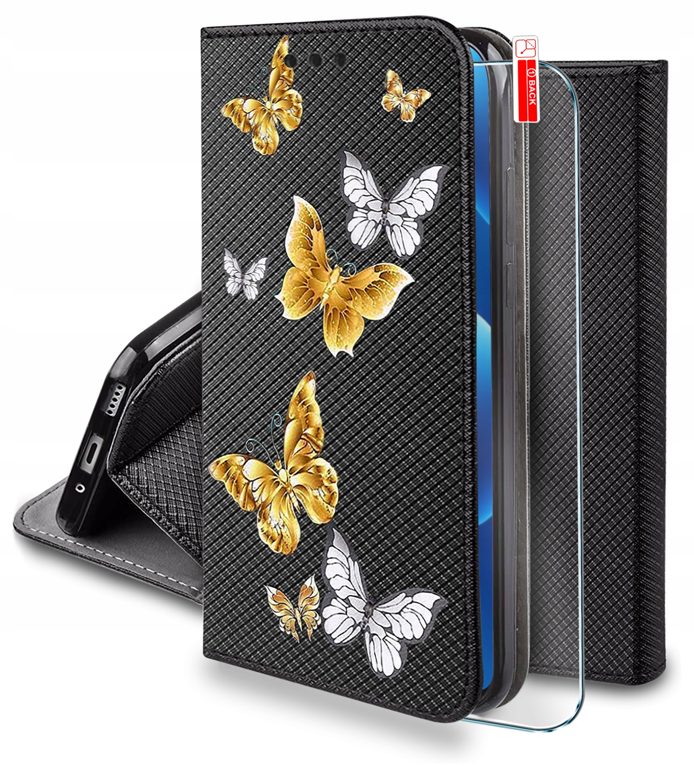 Etui na telefon z czarnym wzorem i motylami w kolorach złotym i białym. Obok etui znajduje się szkło ochronne z napisem \'0.3 Back\'.
