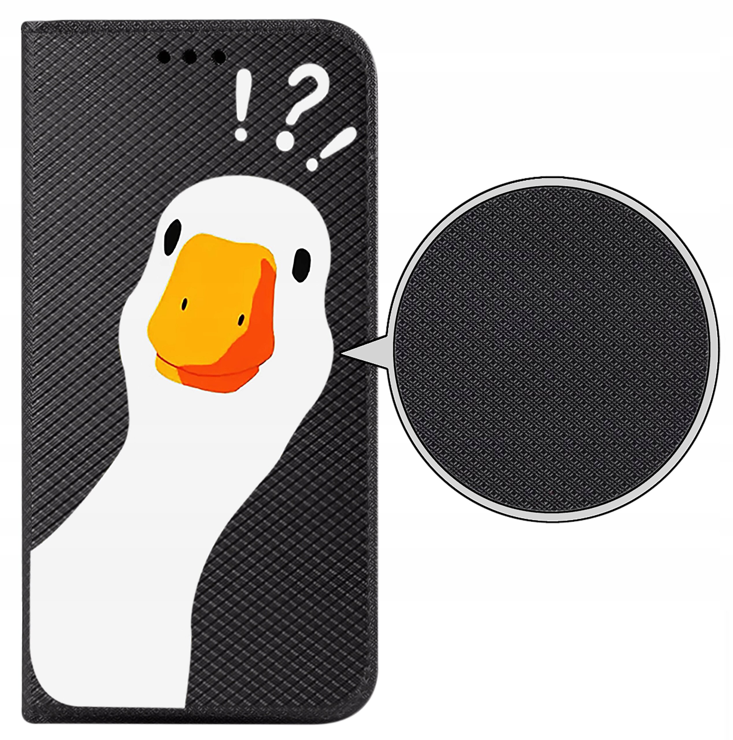 Etui na telefon z czarną teksturą i nadrukiem białej kaczki z pomarańczowym dziobem oraz znakami zapytania i wykrzyknikami nad głową. Obok znajduje się powiększenie tekstury materiału etui.