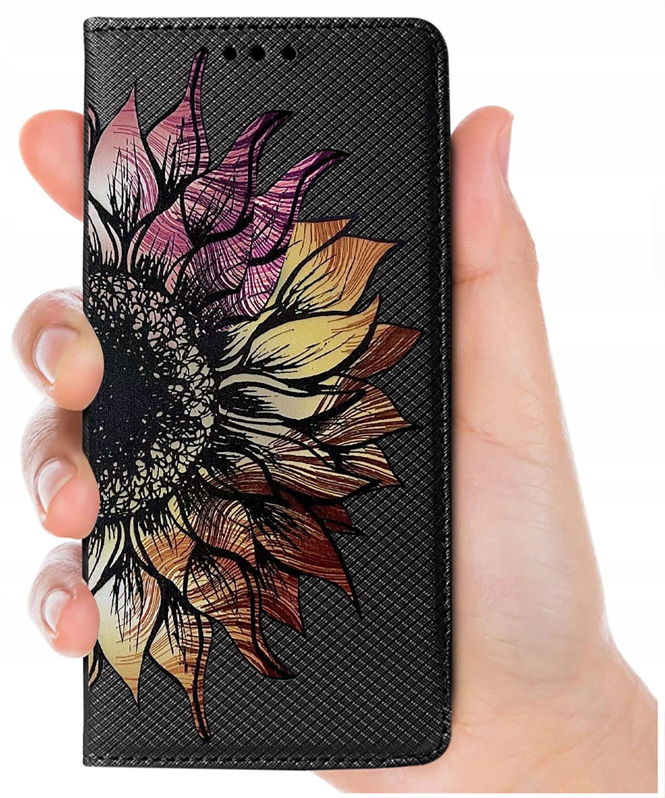 Etui na telefon z wzorem dużego, kolorowego kwiatu na czarnym tle, trzymane w dłoni. Etui ma teksturę przypominającą siatkę.