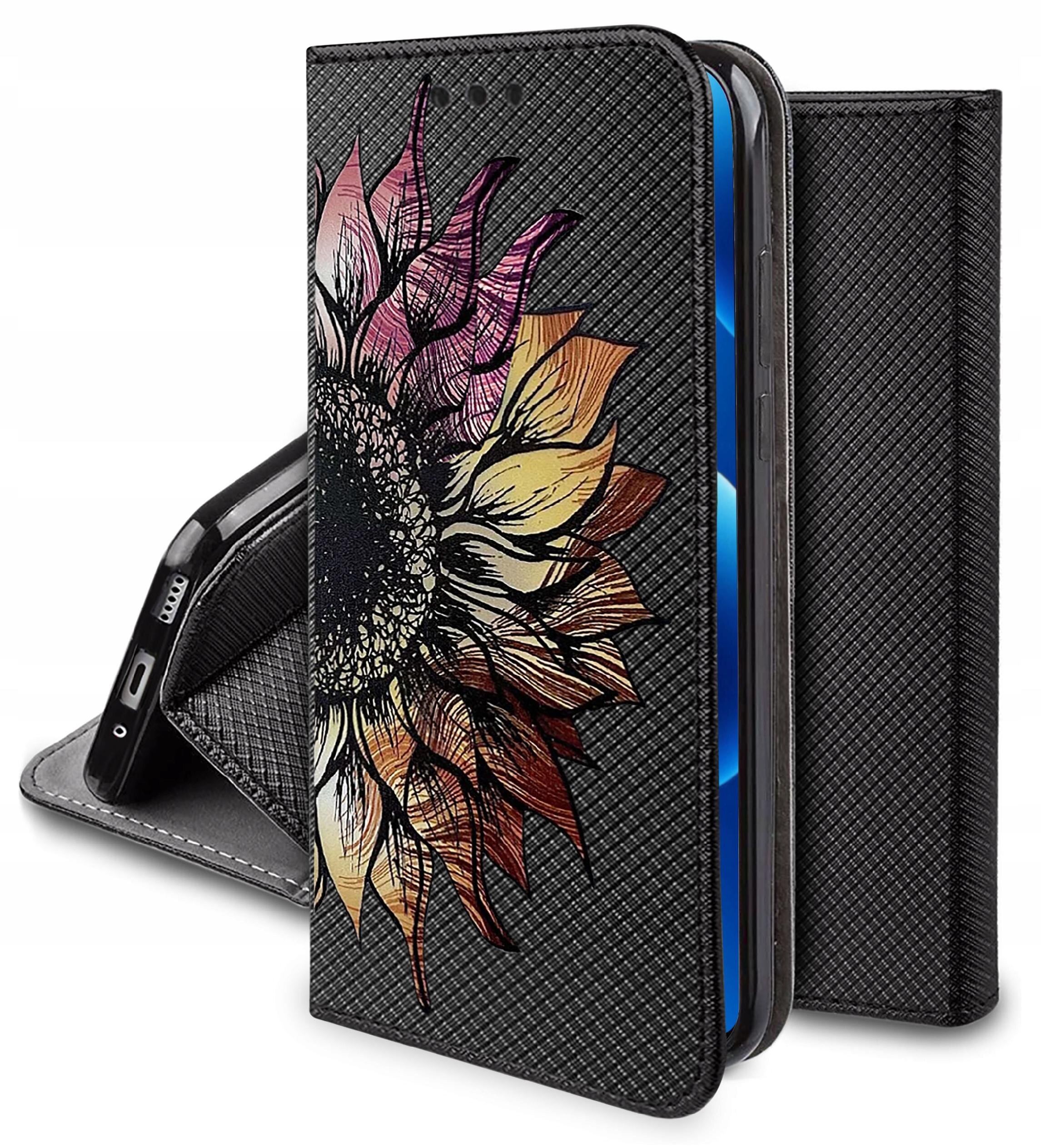 Etui na telefon z wzorem dużego, kolorowego kwiatu na czarnym tle o teksturowanej powierzchni. Etui jest otwarte, ukazując miejsce na telefon z widocznymi przyciskami bocznymi.