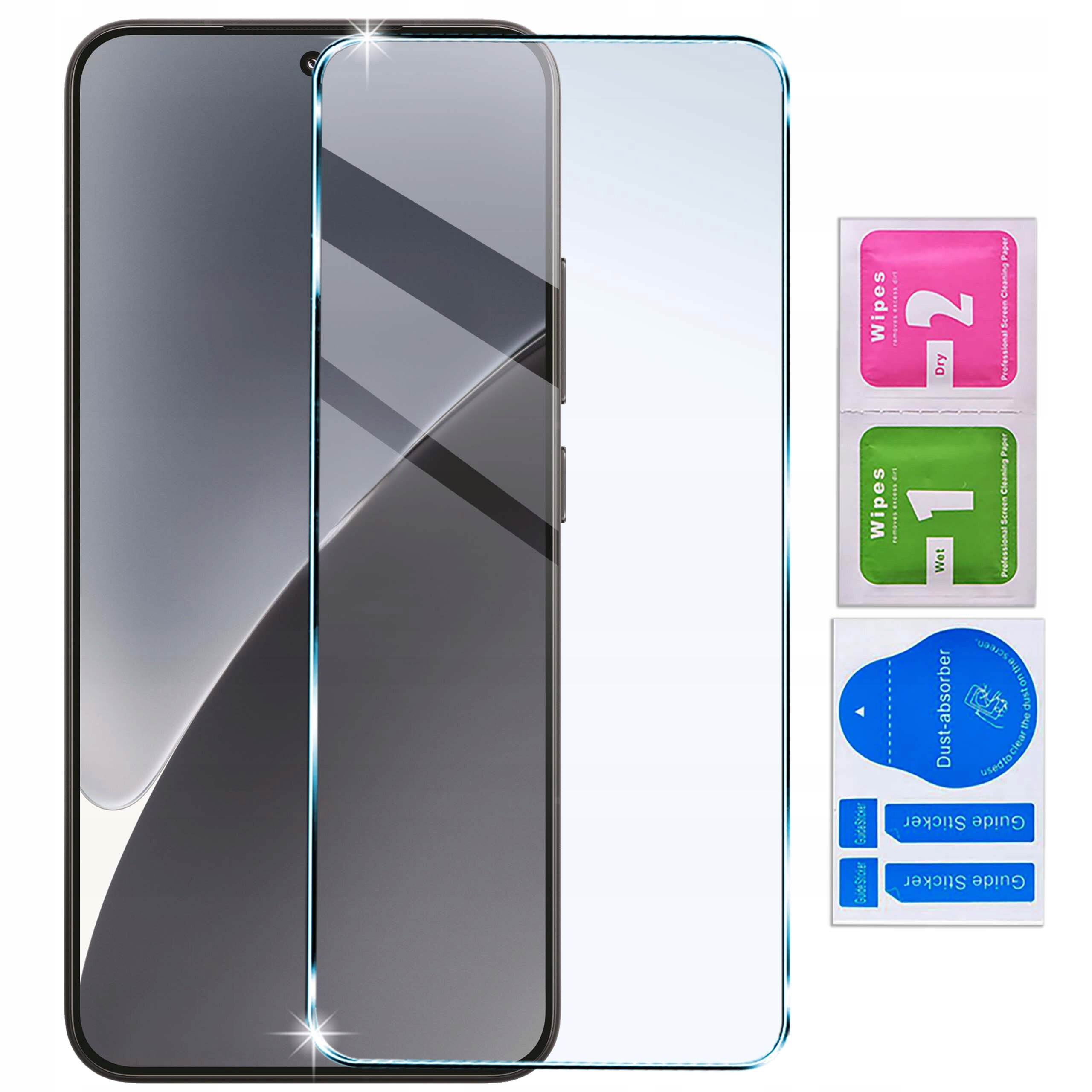 Na obrazie widoczny jest telefon z nałożonym szkłem ochronnym, obok znajdują się trzy saszetki z napisami: \'Wipes 2 Dry\', \'Wipes 1 Wet\' oraz \'Dust absorber\'.