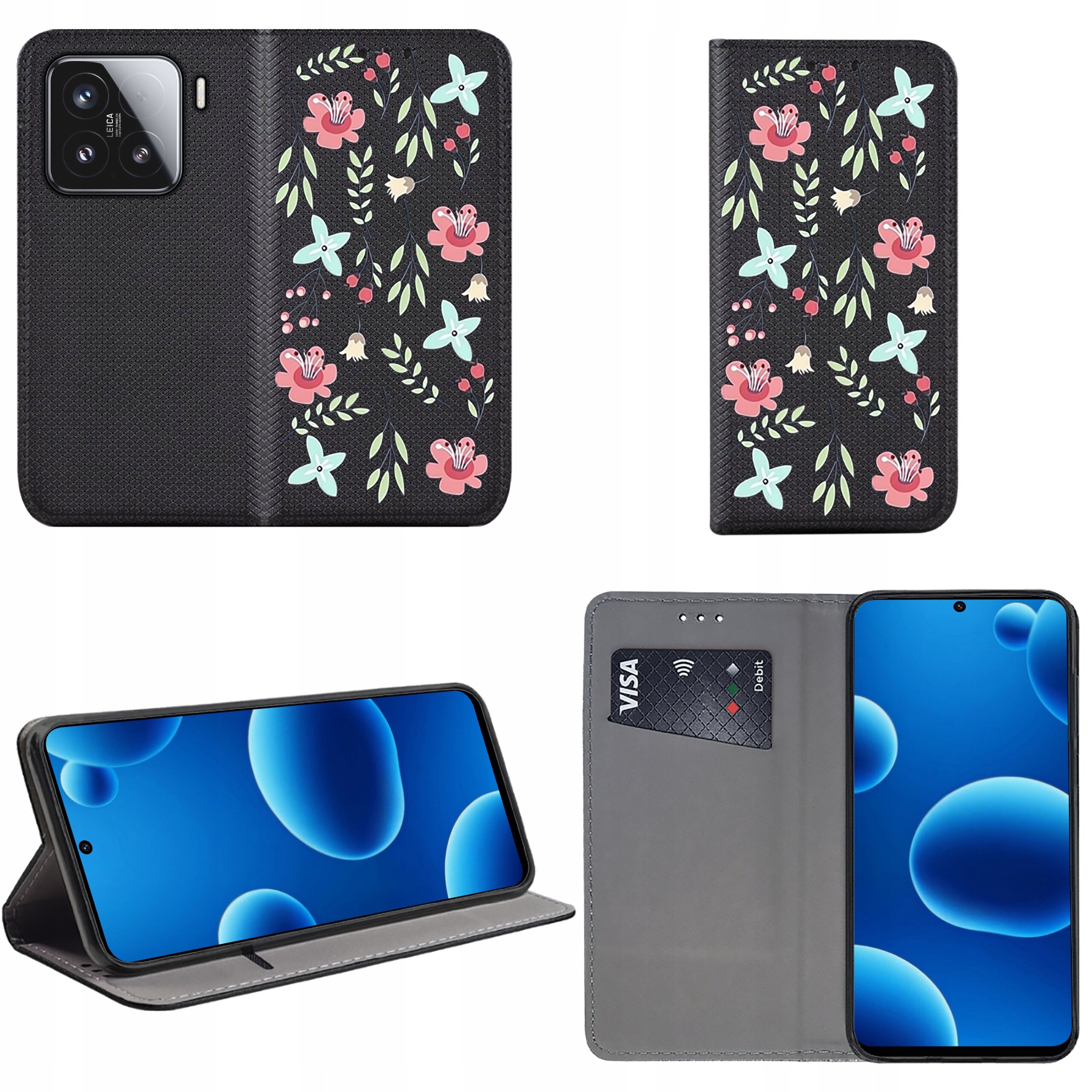 Na obrazie widoczne jest etui na telefon z czarnym tłem i kolorowymi wzorami kwiatowymi. Etui ma funkcję stojaka i miejsce na kartę płatniczą z widocznym napisem \'VISA Debit\'.
