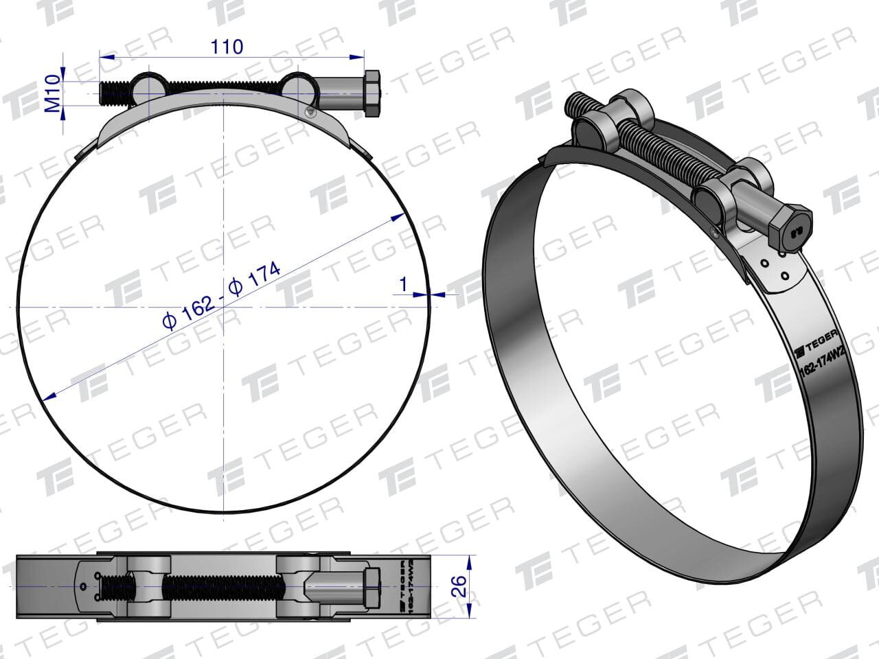 Ilustracja przedstawia opaskę zaciskową z oznaczeniami wymiarów: średnica 162-174 mm, szerokość 26 mm, długość śruby 110 mm, gwint M10. Na opasce widoczne jest logo \'TEGER\'.