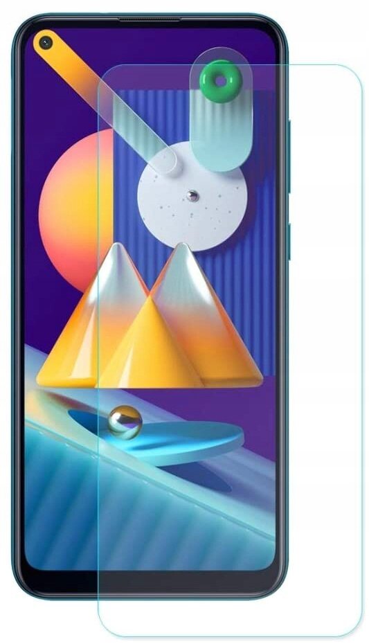 Obraz przedstawia smartfon z kolorową grafiką na ekranie, na którym znajduje się szkło ochronne. Grafika zawiera geometryczne kształty w żywych kolorach, takich jak żółty i niebieski.