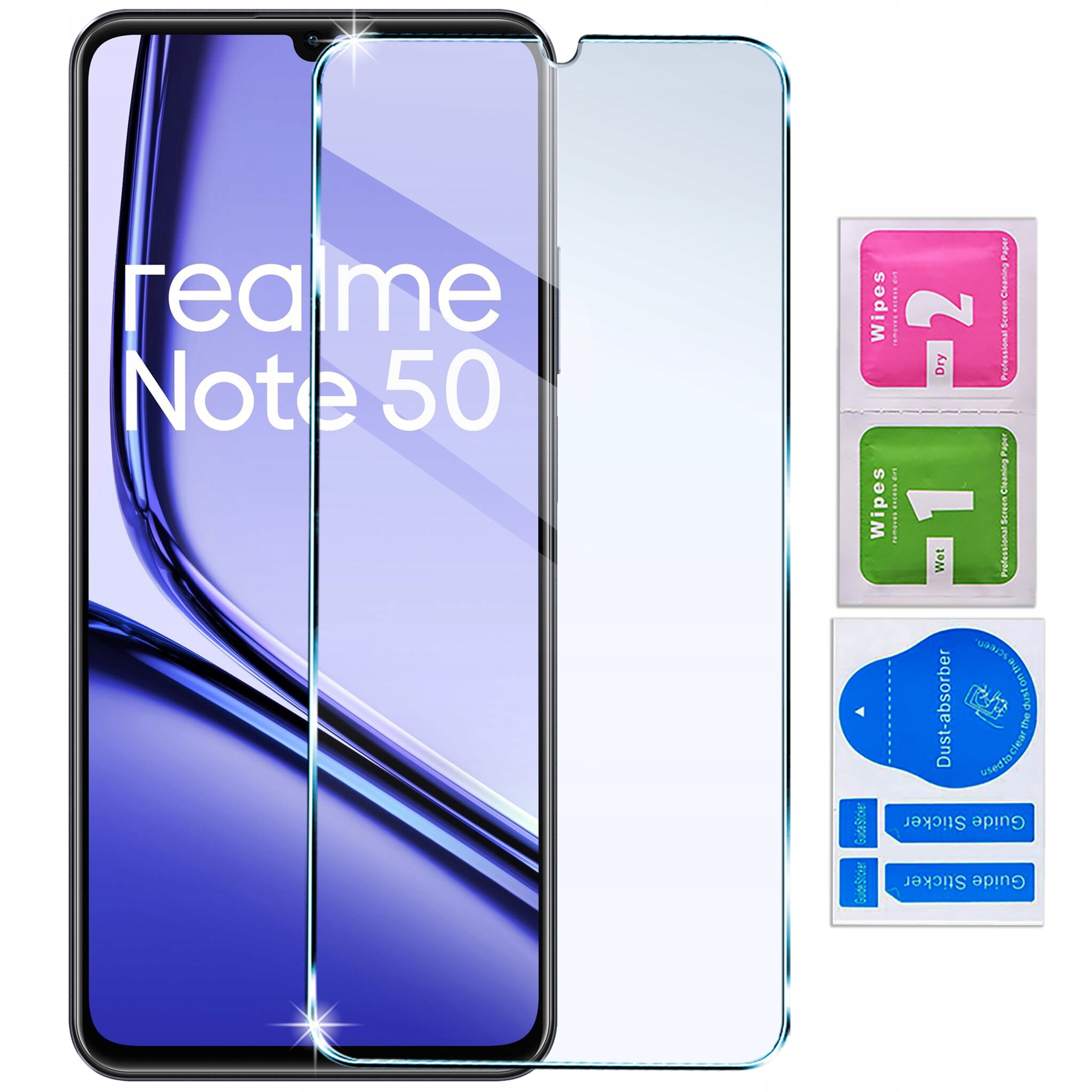 Na obrazie widoczny jest telefon z napisem \'realme Note 50\' oraz szkło ochronne. Obok znajdują się trzy saszetki z napisami: \'Wipes 2 Dry\', \'Wipes 1 Wet\' i \'Dust absorber\'.