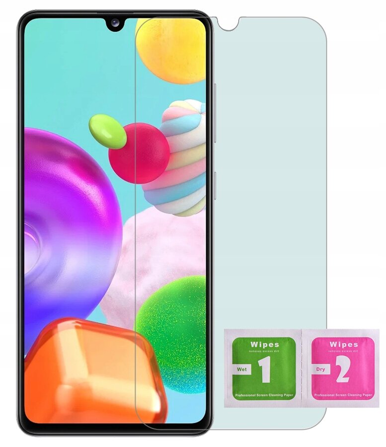 Na obrazie widoczny jest telefon z kolorowym wyświetlaczem oraz przezroczystą osłoną ekranu. Obok znajdują się dwie saszetki z napisem \'Wipes 1 Wet\' i \'Wipes 2 Dry\'.