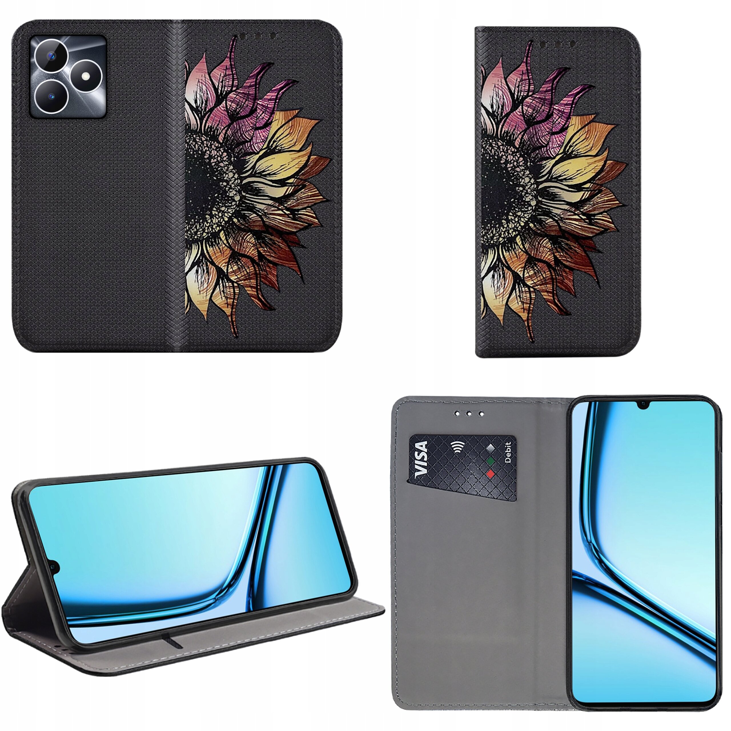 Etui na telefon z motywem kolorowego kwiatu, z miejscem na kartę płatniczą i funkcją stojaka. Wewnątrz widoczny jest telefon z niebieskim ekranem oraz karta z napisem \'VISA Debit\'.