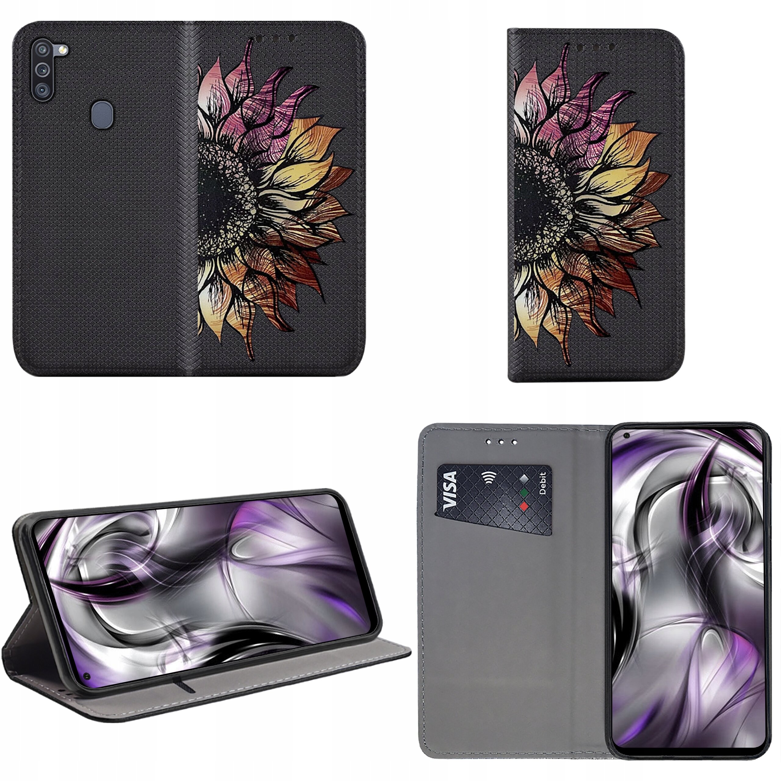 Etui do telefonu z motywem słonecznika na czarnym tle, z funkcją stojaka i miejscem na kartę płatniczą. Wewnątrz widoczny jest telefon z abstrakcyjną grafiką na ekranie oraz karta z napisem \'VISA Debit\'.