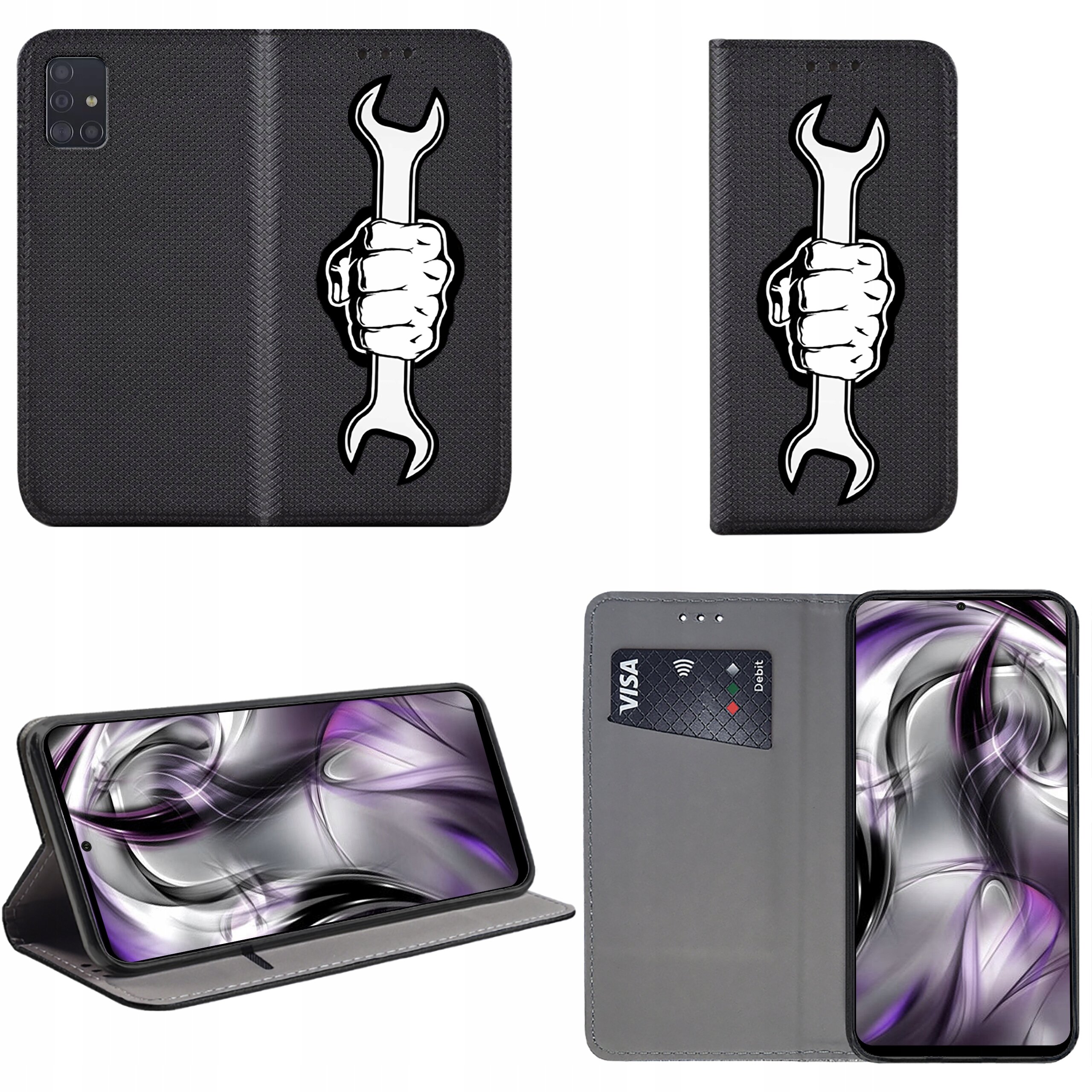 Obraz przedstawia czarne etui na telefon z nadrukiem dłoni trzymającej klucz. Etui ma funkcję stojaka i miejsce na kartę płatniczą z widocznym napisem \'VISA\'.