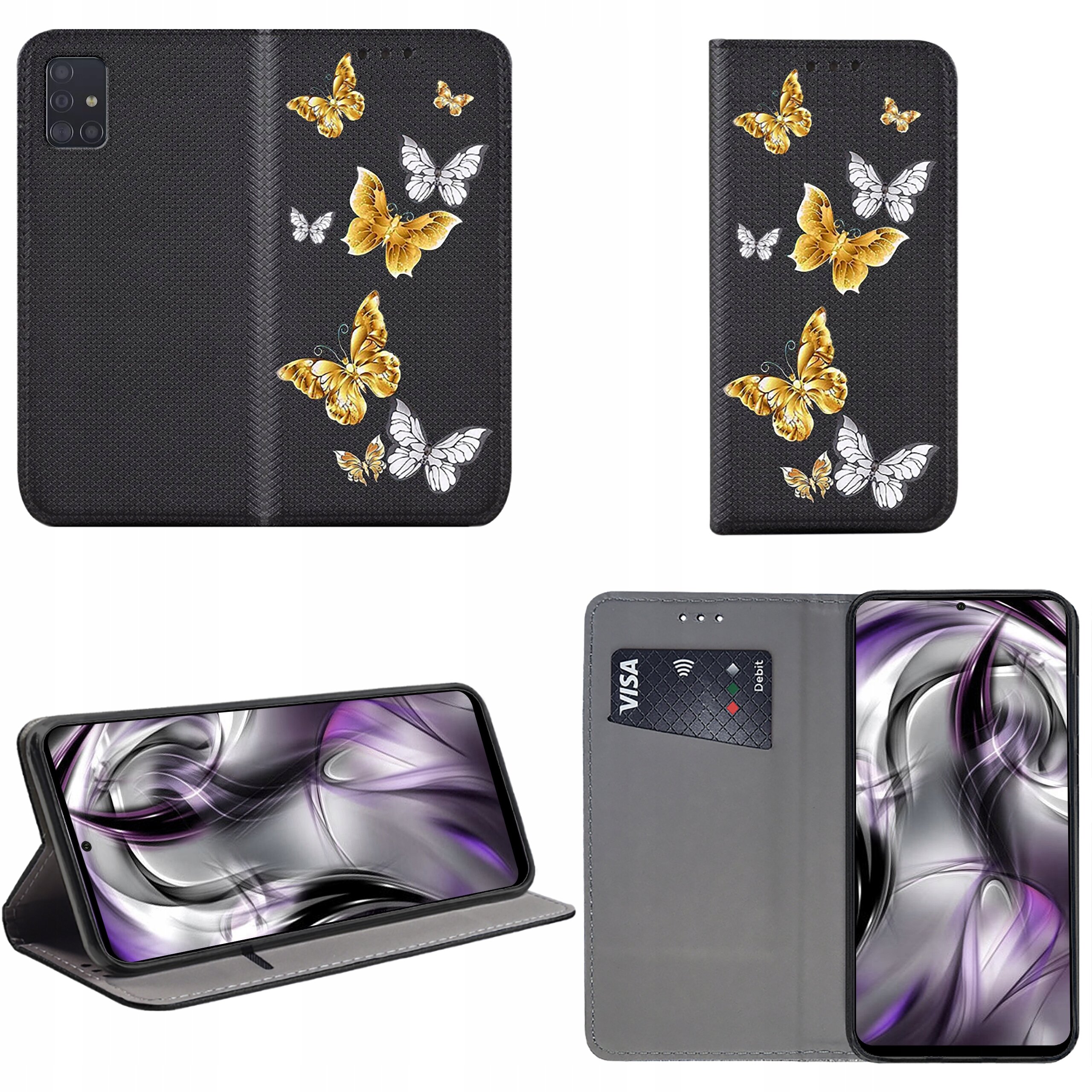 Etui do telefonu z motywem złotych i białych motyli na czarnym tle, z funkcją stojaka i miejscem na kartę płatniczą. Wewnątrz widoczny jest telefon z abstrakcyjną grafiką na ekranie.