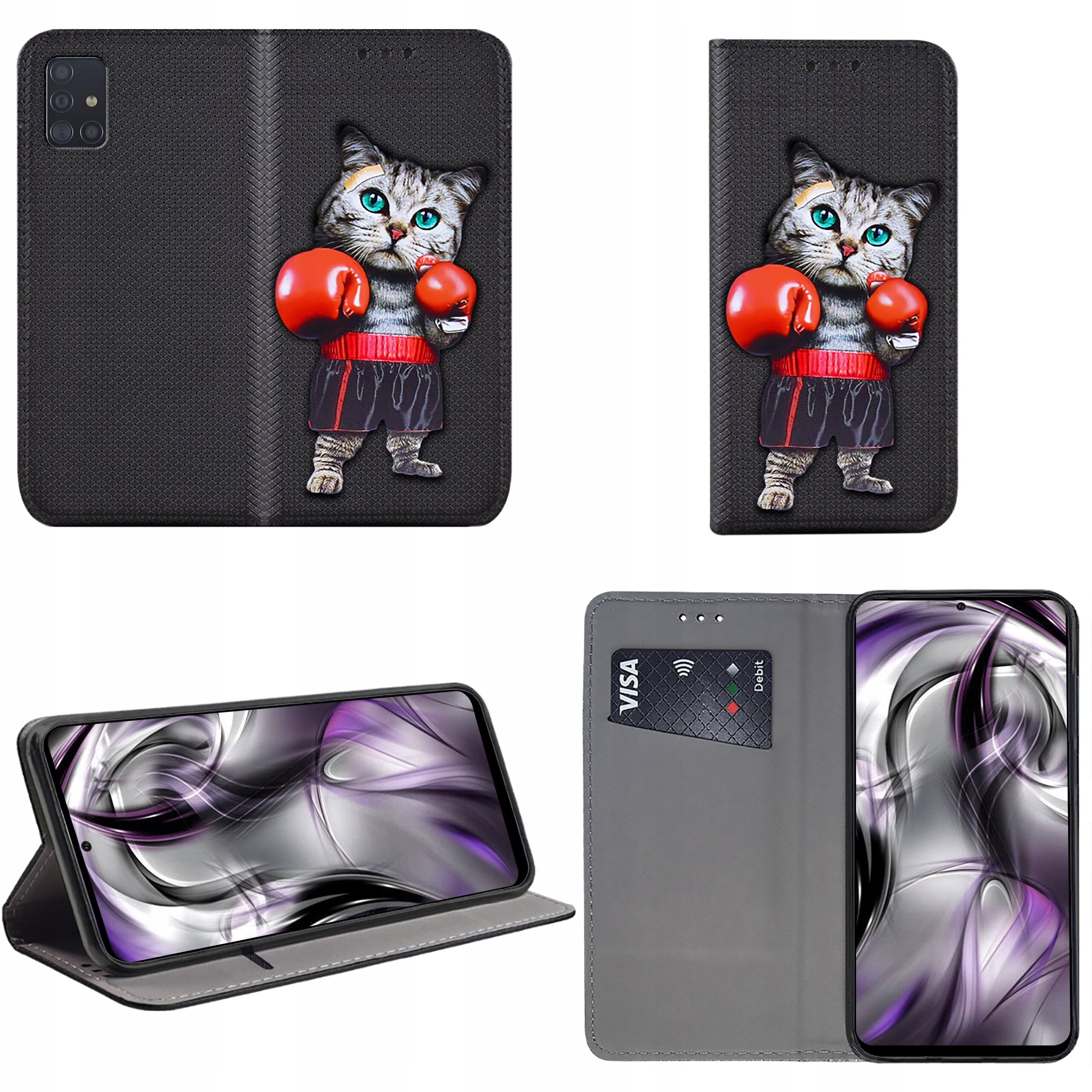 Etui na telefon z czarnym tłem, ozdobione grafiką kota w czerwonych rękawicach bokserskich. Wnętrze etui posiada miejsce na kartę płatniczą z widocznym napisem \'VISA Debit\'.