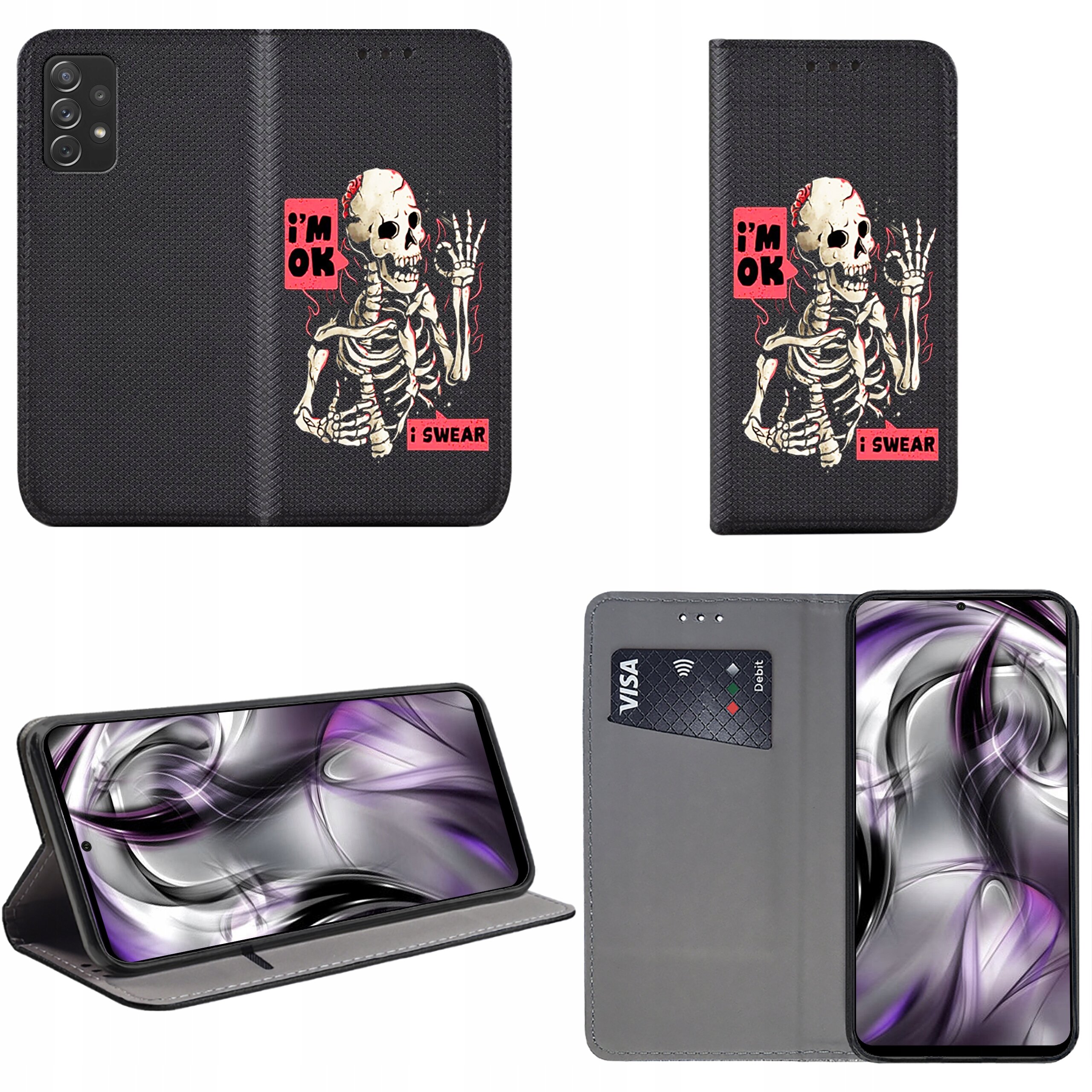 Etui do telefonu z nadrukiem szkieletu i napisami \'i\'m OK\' oraz \'i SWEAR\'. Wewnątrz znajduje się miejsce na kartę płatniczą, a etui może pełnić funkcję podstawki.