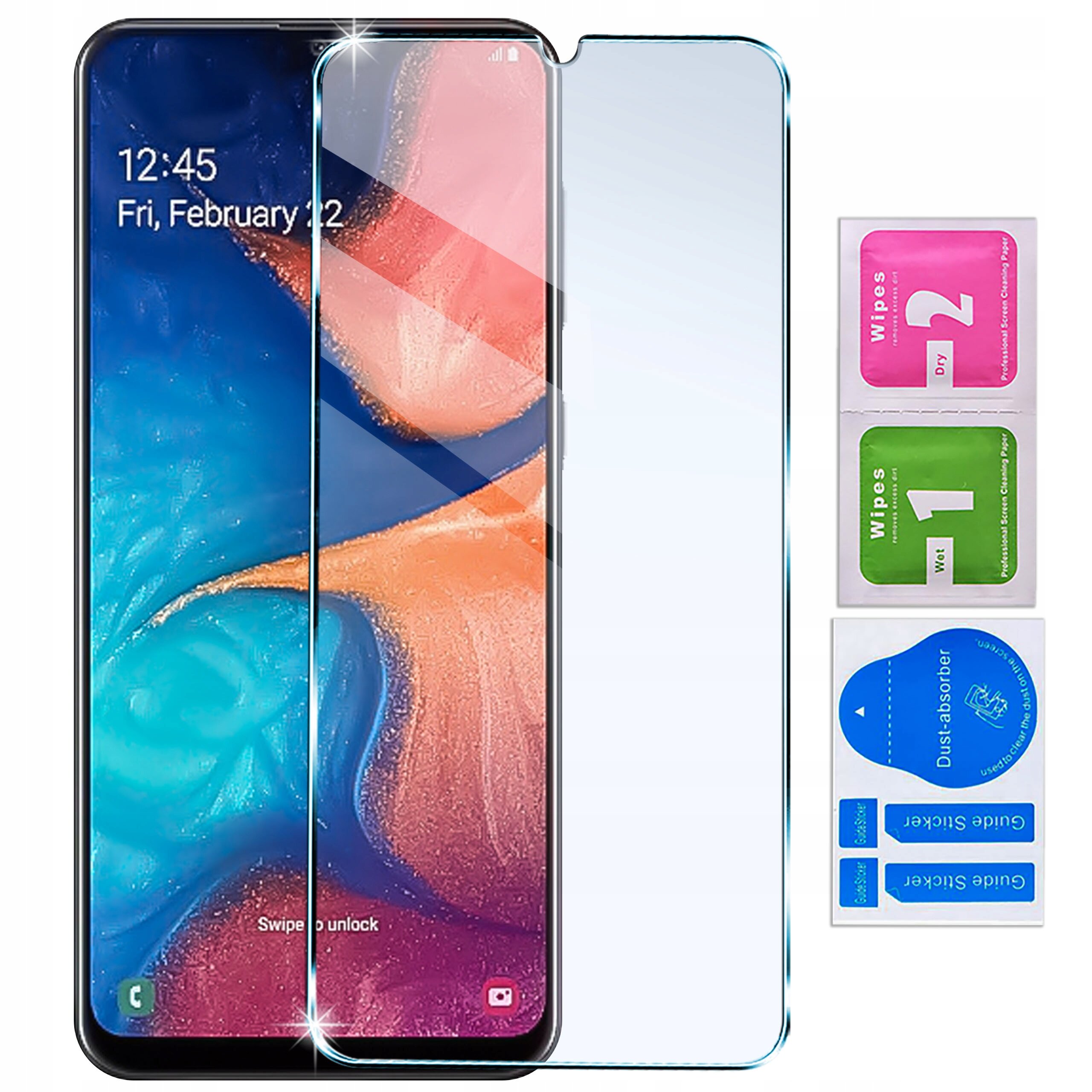 Obraz przedstawia telefon z nałożonym szkłem ochronnym, obok znajdują się trzy saszetki z napisami: \'Wipes 2 Dry\', \'Wipes 1 Wet\' oraz \'Dust absorber\'.
