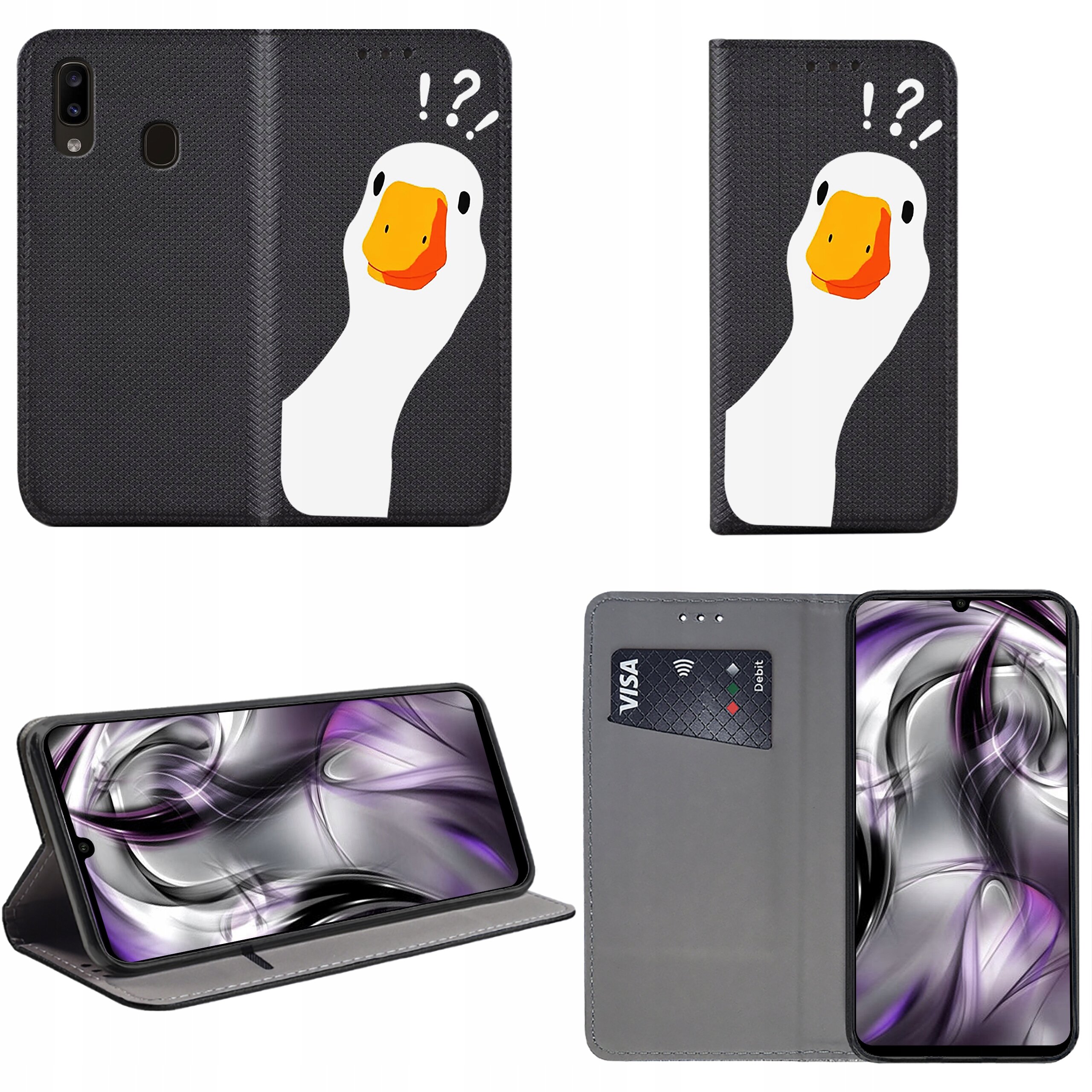 Etui do telefonu z czarnym tłem i nadrukiem białej kaczki z pomarańczowym dziobem oraz znakami zapytania i wykrzyknikami. Wnętrze etui posiada miejsce na kartę płatniczą z napisem \'VISA\'.