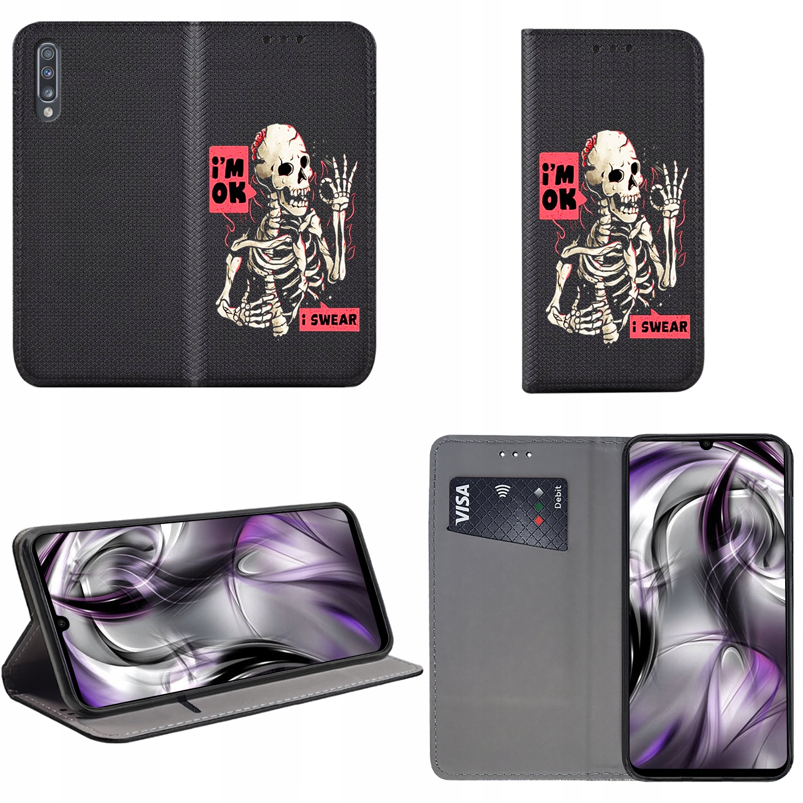 Etui do telefonu z nadrukiem szkieletu i napisami \'i\'m OK\' oraz \'i SWEAR\'. Wewnątrz znajduje się miejsce na kartę płatniczą, a etui może pełnić funkcję podstawki.