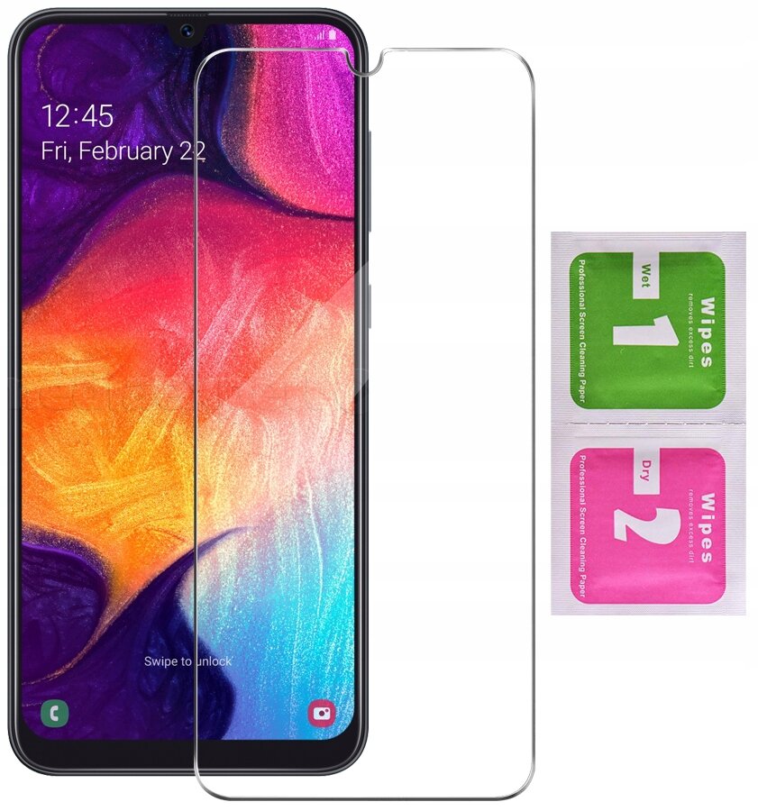 Na obrazie widoczny jest telefon z kolorowym wyświetlaczem oraz przezroczystą osłoną ochronną na ekran. Obok znajdują się dwie saszetki z napisem \'Wipes 1 Wet\' i \'Wipes 2 Dry\'.