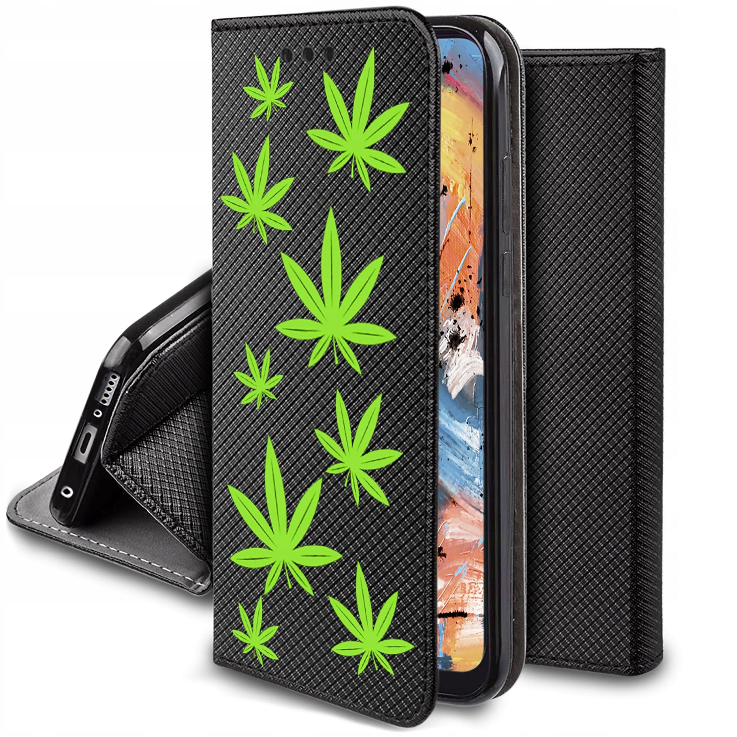 Czarne etui na telefon z zielonymi wzorami liści na przedniej klapce. Wewnątrz widoczny jest telefon z kolorowym ekranem.