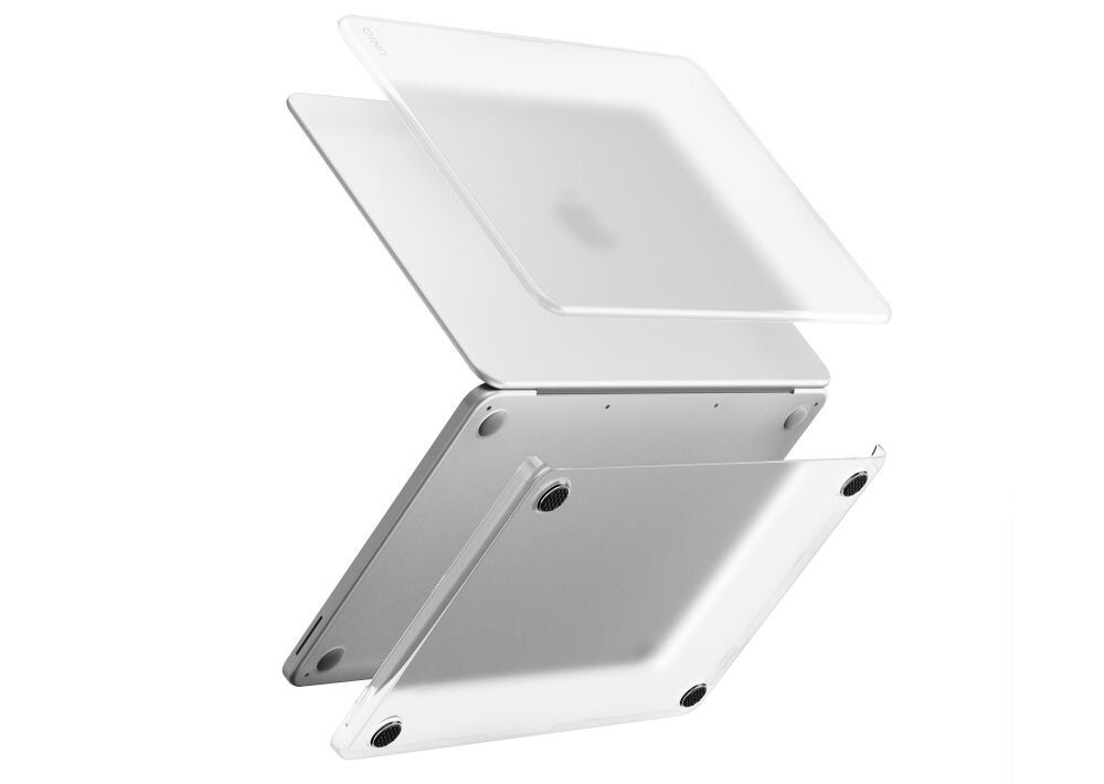 Przezroczyste etui na laptopa składające się z dwóch części, pokazane w formie eksplodowanego widoku. Etui posiada otwory na nóżki i porty laptopa.