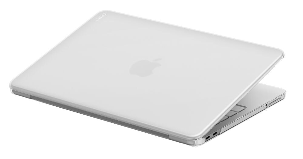 Na obrazie widoczny jest przezroczysty laptop z logo w kształcie jabłka na pokrywie. W lewym górnym rogu pokrywy znajduje się napis \'UNIQ\'.