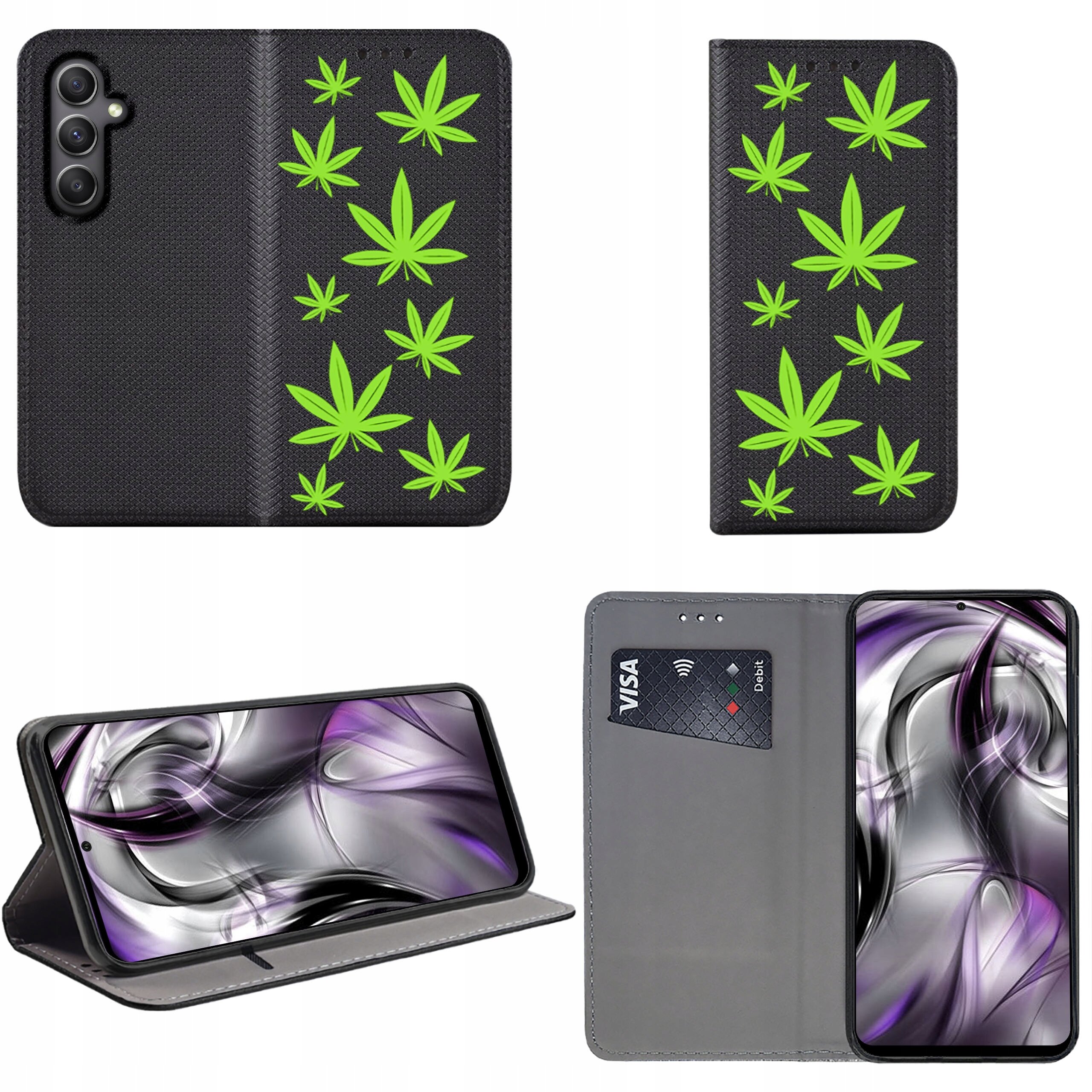 Czarne etui z zielonymi wzorami liści, przeznaczone do telefonu, z funkcją portfela i miejscem na kartę. Etui można ustawić w pozycji stojącej, a w środku znajduje się telefon z abstrakcyjną grafiką na ekranie.