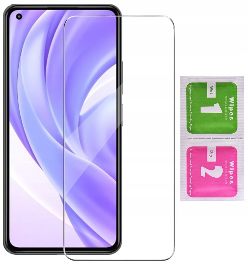 Na obrazie widoczny jest telefon z nałożonym szkłem ochronnym oraz dwa opakowania chusteczek do czyszczenia ekranu oznaczone jako \'1 Wet\' i \'2 Dry\'.