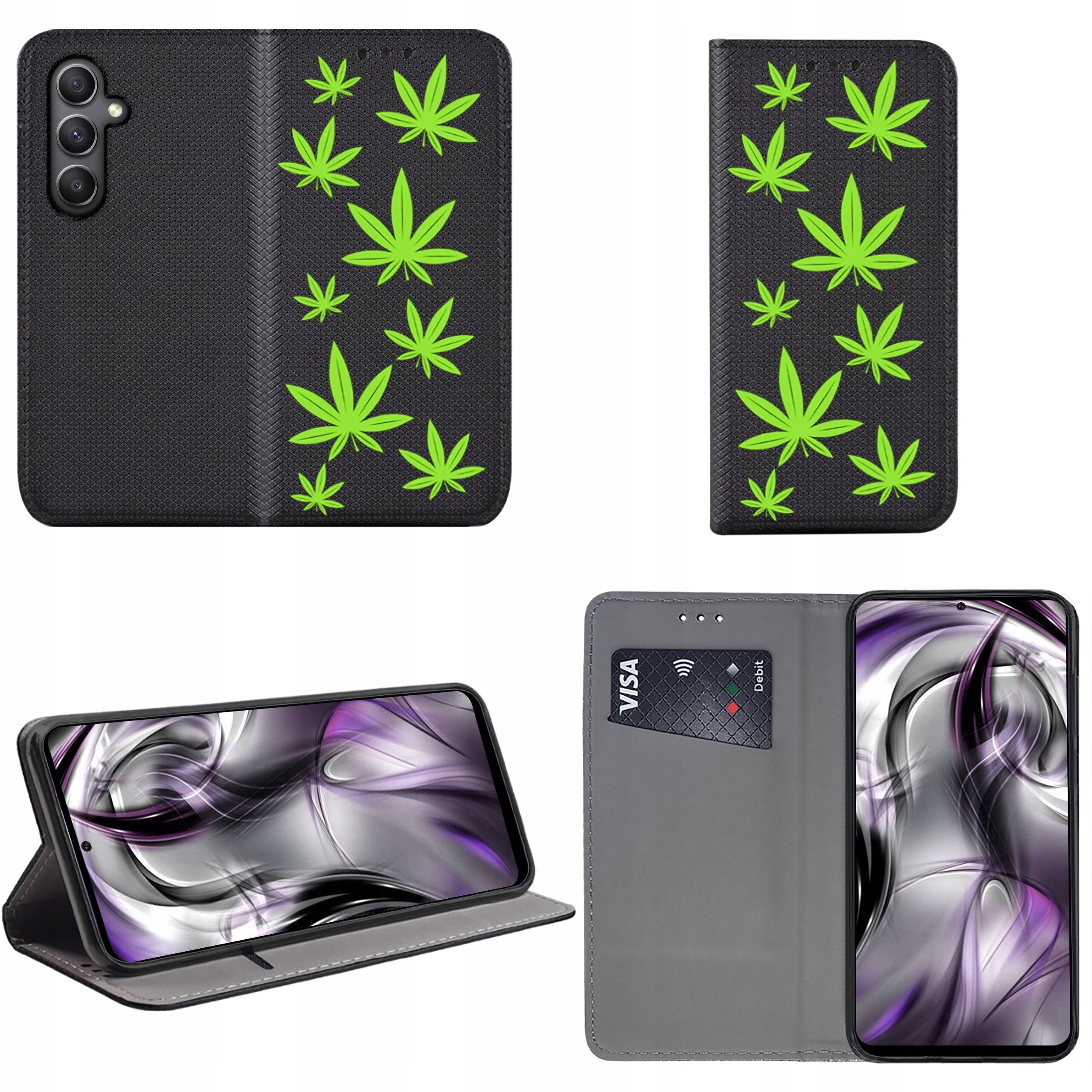 Czarne etui z zielonymi wzorami liści, przeznaczone do telefonu, z funkcją portfela i miejscem na kartę. Etui można ustawić w pozycji stojącej, a w środku znajduje się telefon z abstrakcyjną grafiką na ekranie.