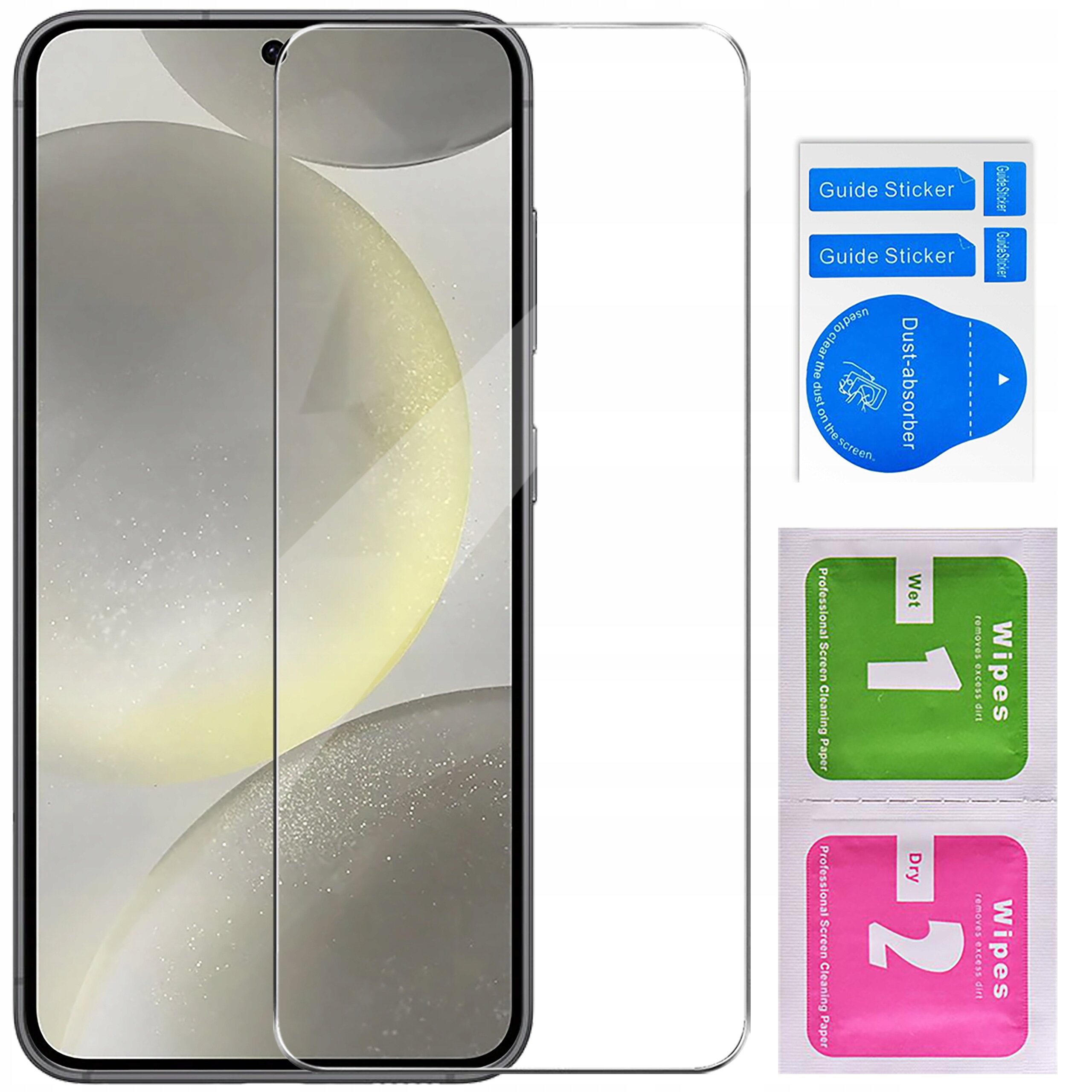 Obraz przedstawia telefon z nałożonym szkłem ochronnym, obok znajdują się naklejki \'Guide Sticker\', \'Dust-absorber\' oraz chusteczki \'Wet 1\' i \'Dry 2\'.
