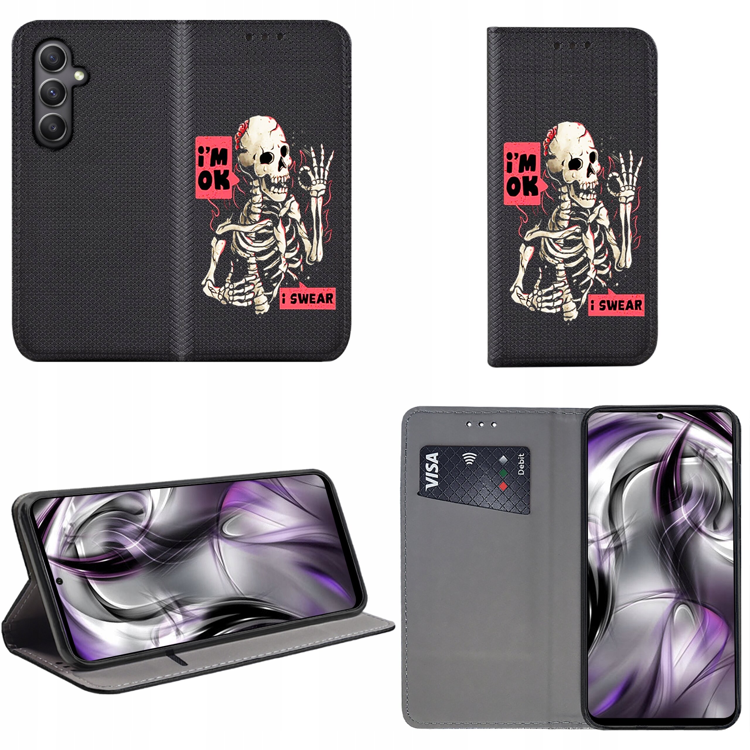 Etui do telefonu z nadrukiem szkieletu i napisami \'i\'m OK\' oraz \'i SWEAR\'. Wewnątrz znajduje się miejsce na kartę płatniczą, a etui może pełnić funkcję podstawki.