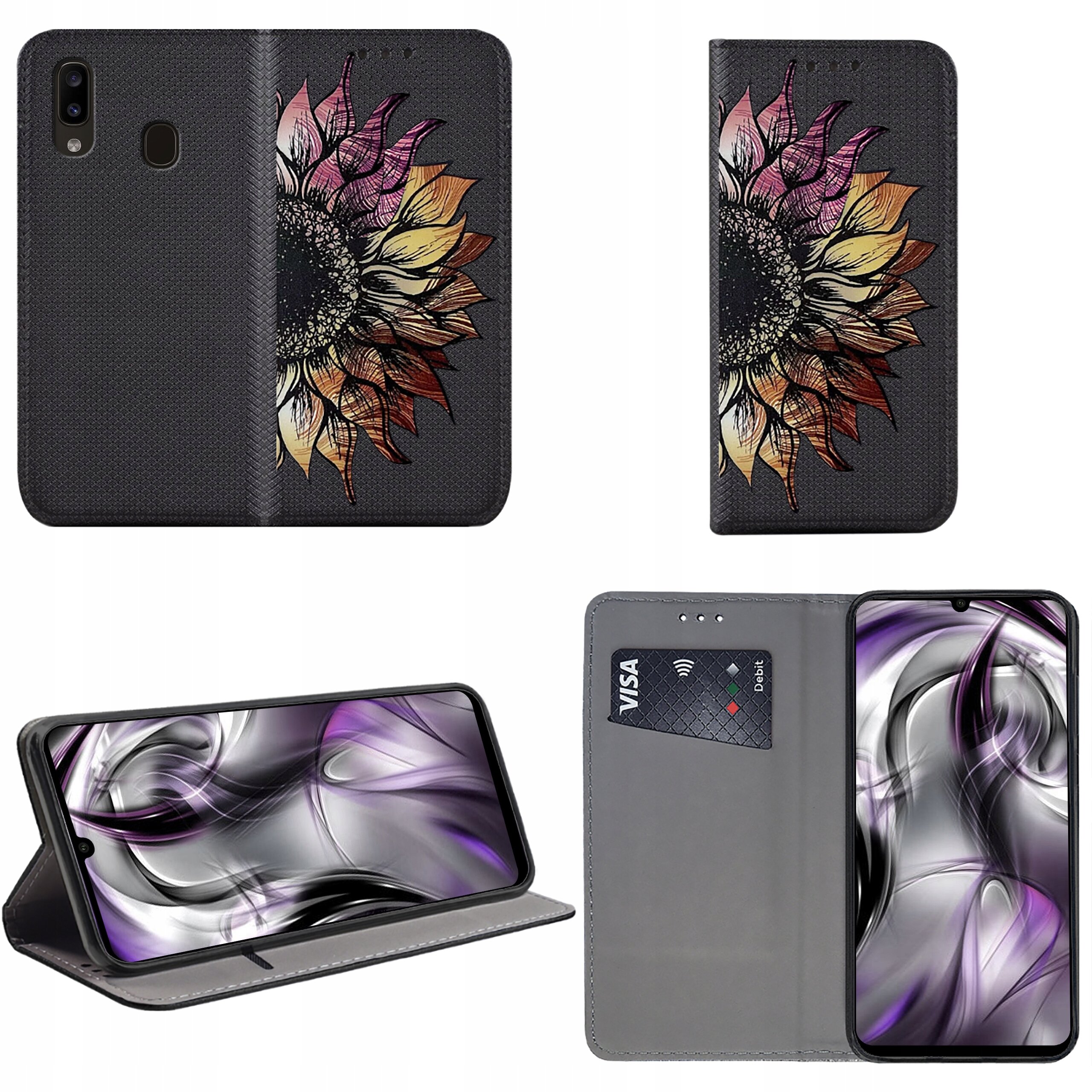 Etui na telefon z motywem słonecznika, w kolorach czarnym, różowym i żółtym, z funkcją portfela i miejscem na kartę płatniczą. Wewnątrz znajduje się telefon z abstrakcyjną grafiką w odcieniach fioletu i szarości.