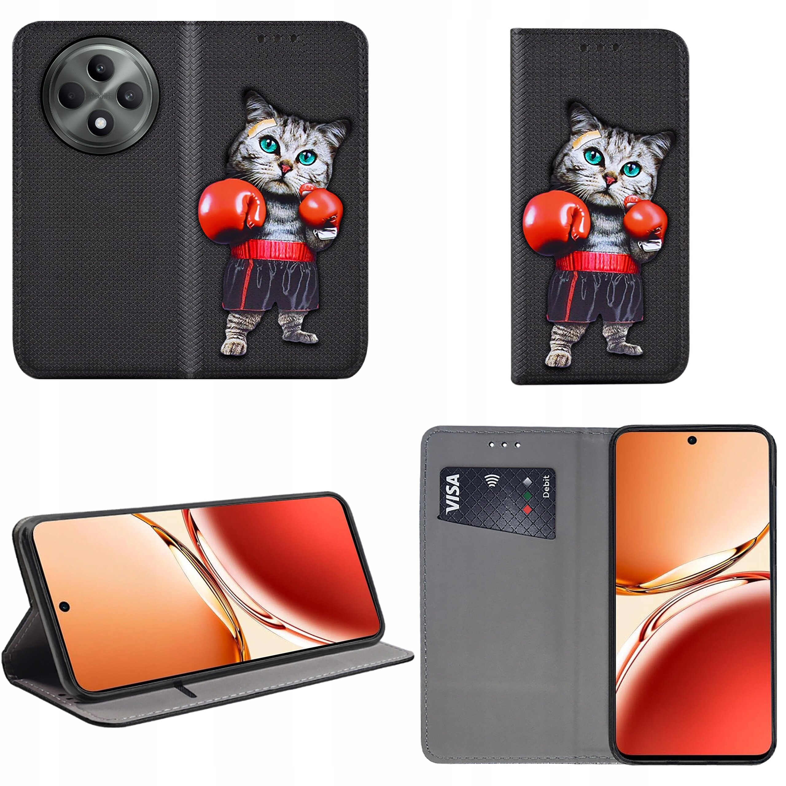 Etui na telefon z motywem kota w rękawicach bokserskich, wykonane z ciemnego materiału. Wewnątrz znajduje się miejsce na kartę płatniczą oraz telefon z wyświetlaczem o pomarańczowym tle.