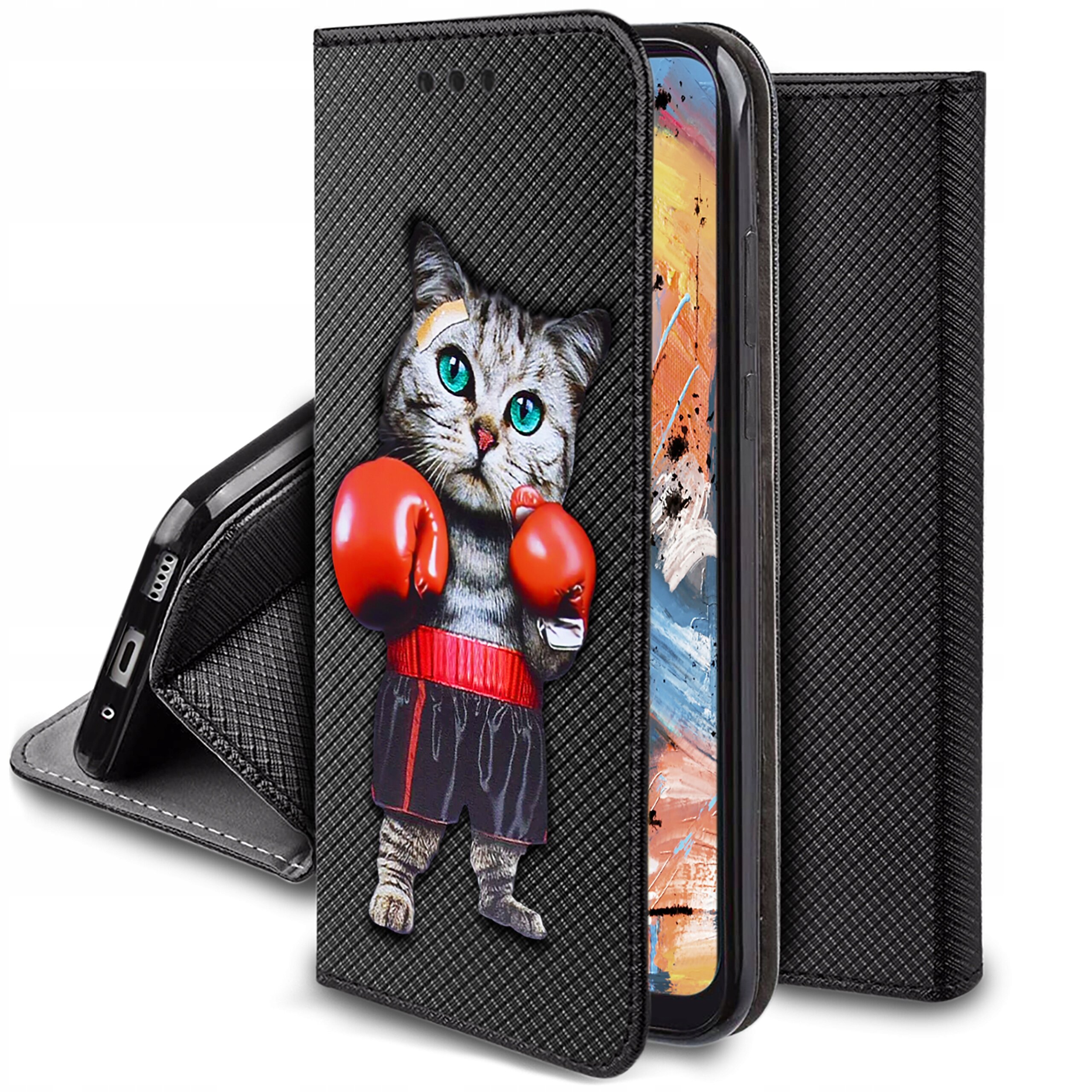 Etui na telefon z czarnym wzorem, przedstawiające kota w czerwonych rękawicach bokserskich. W tle widoczny jest kolorowy obrazek na ekranie telefonu.