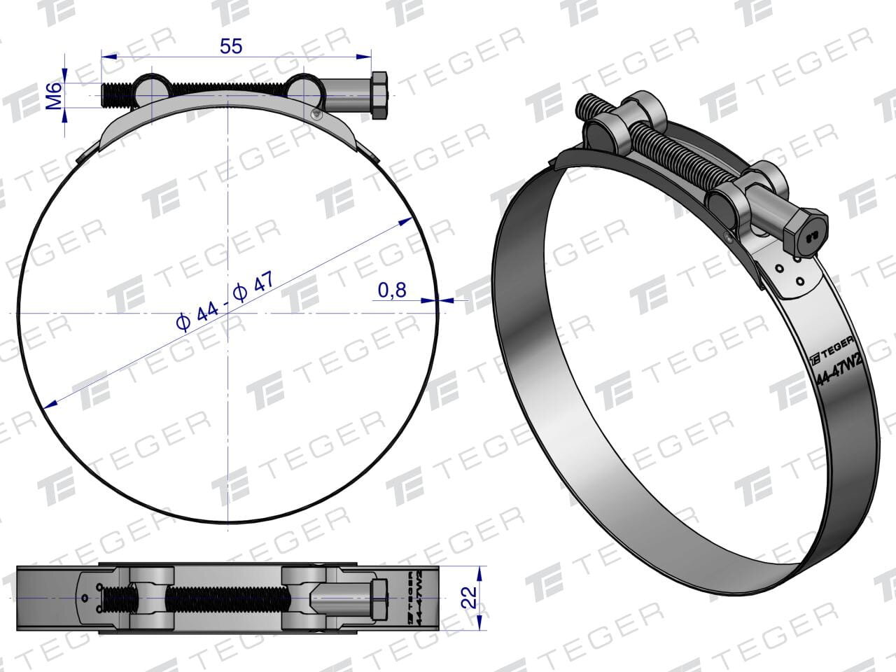 Rysunek techniczny opaski zaciskowej z oznaczeniami wymiarów: średnica 44-47 mm, szerokość 22 mm, długość śruby 55 mm. Widoczne logo TEGER oraz oznaczenie M6 i 0,8.
