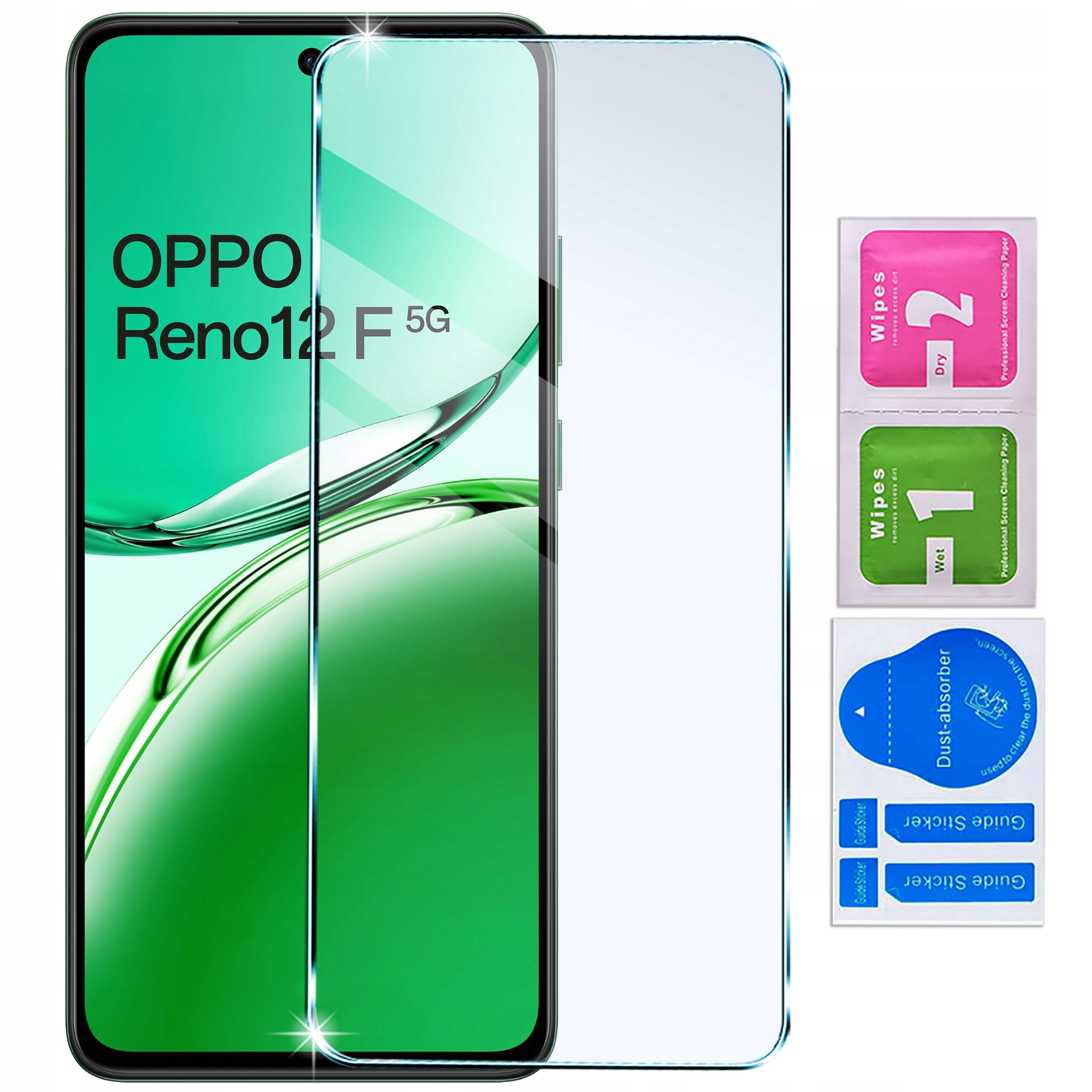 Na obrazie widoczny jest telefon z napisem \'OPPO Reno12 F\' oraz przezroczyste szkło ochronne. Obok znajdują się trzy saszetki z napisami: \'Wipes 2 Dry\', \'Wipes 1 Wet\' i \'Dust absorber\'.