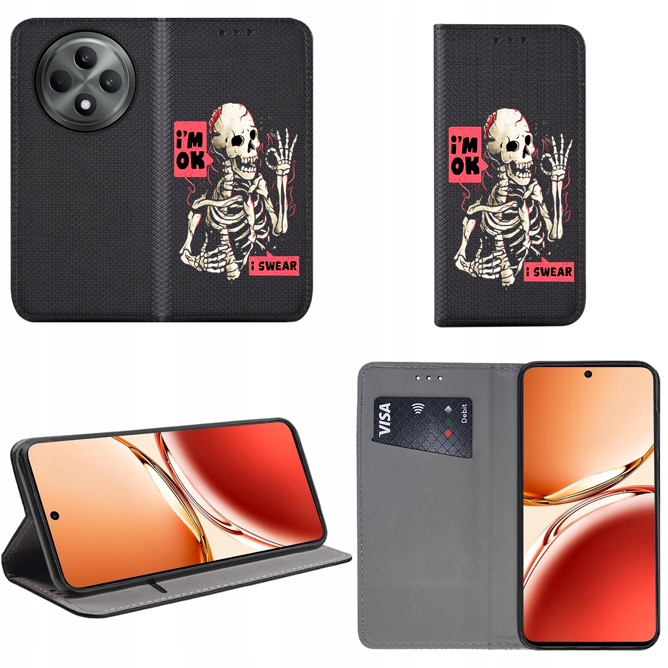 Etui na telefon z nadrukiem szkieletu i napisami \'i\'m OK\' oraz \'i SWEAR\'. Wewnątrz znajduje się miejsce na kartę płatniczą, a telefon jest ustawiony w pozycji poziomej.