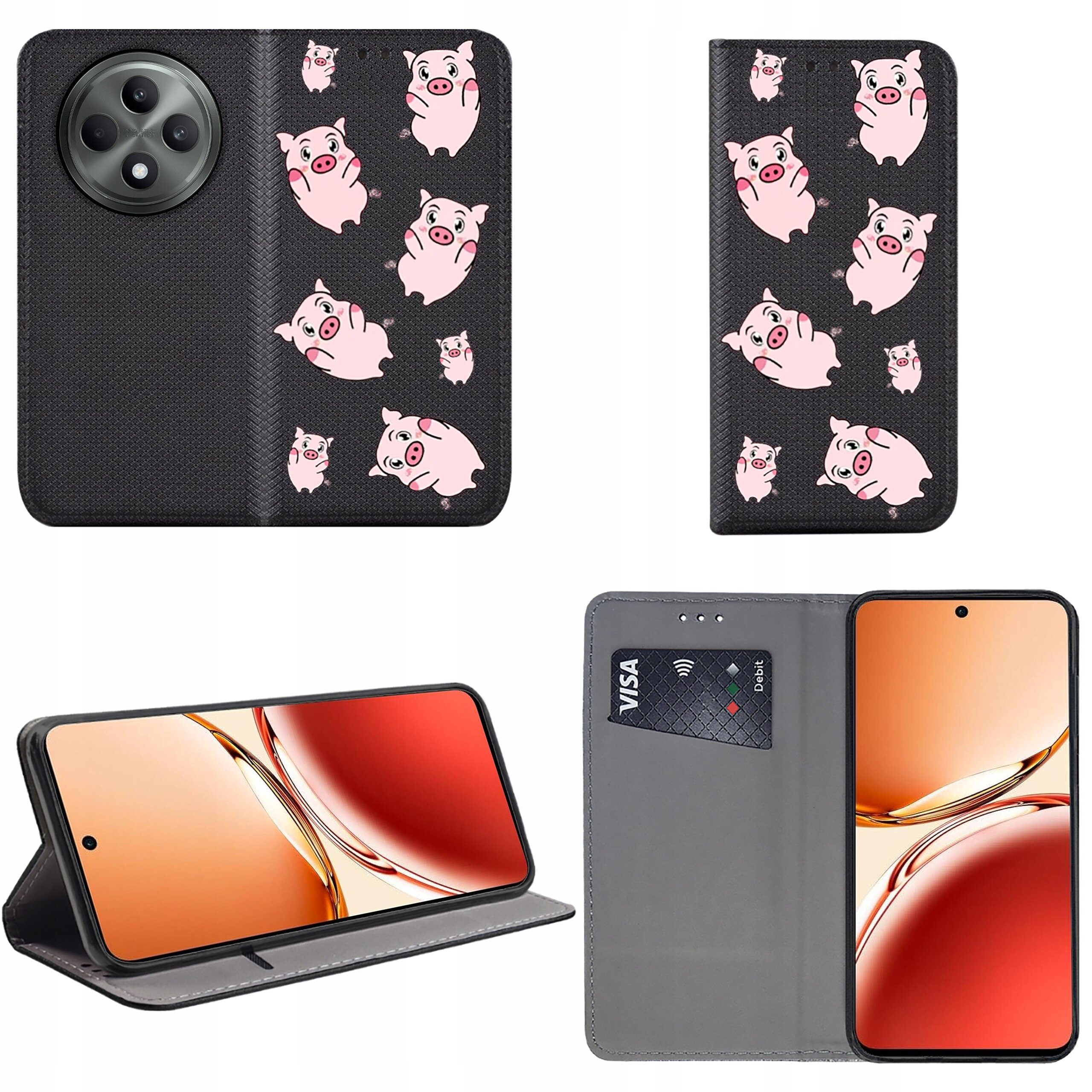 Etui na telefon z czarnym tłem ozdobione różowymi świnkami, posiada funkcję stojaka i miejsce na kartę płatniczą. Telefon w etui wyświetla ekran z gradientem pomarańczowo-czerwonym.