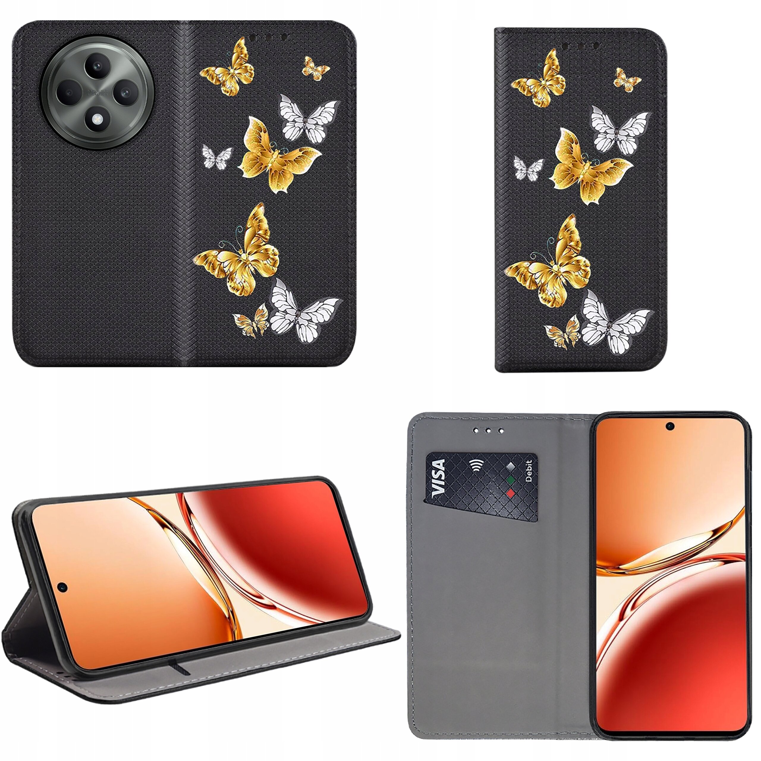 Etui na telefon z motywem złotych i białych motyli na czarnym tle, z funkcją stojaka i miejscem na kartę płatniczą. Wewnątrz widoczny ekran telefonu z pomarańczowym tłem.