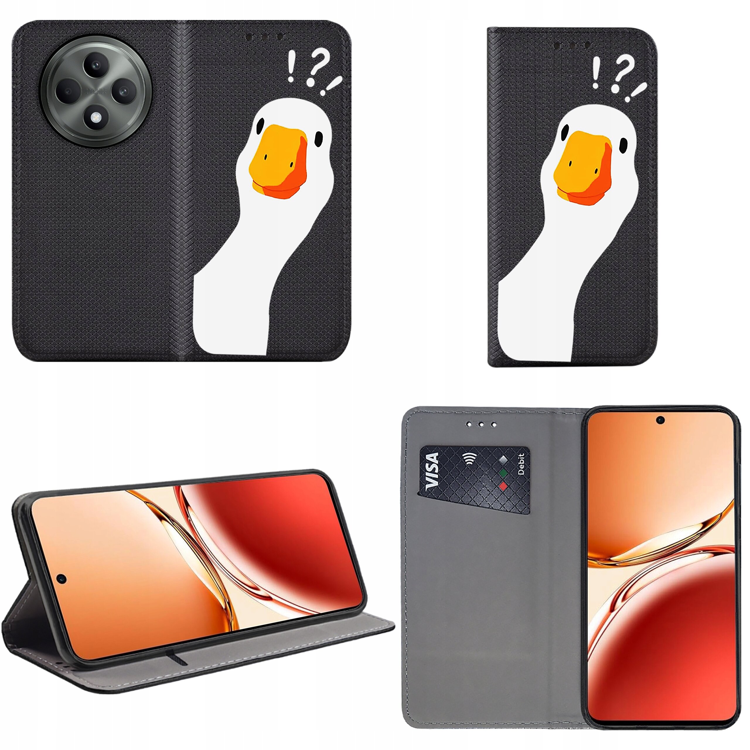 Etui na telefon z czarnym tłem i nadrukiem białej kaczki z pomarańczowym dziobem oraz znakami zapytania. Wnętrze etui posiada miejsce na kartę płatniczą i funkcję stojaka.