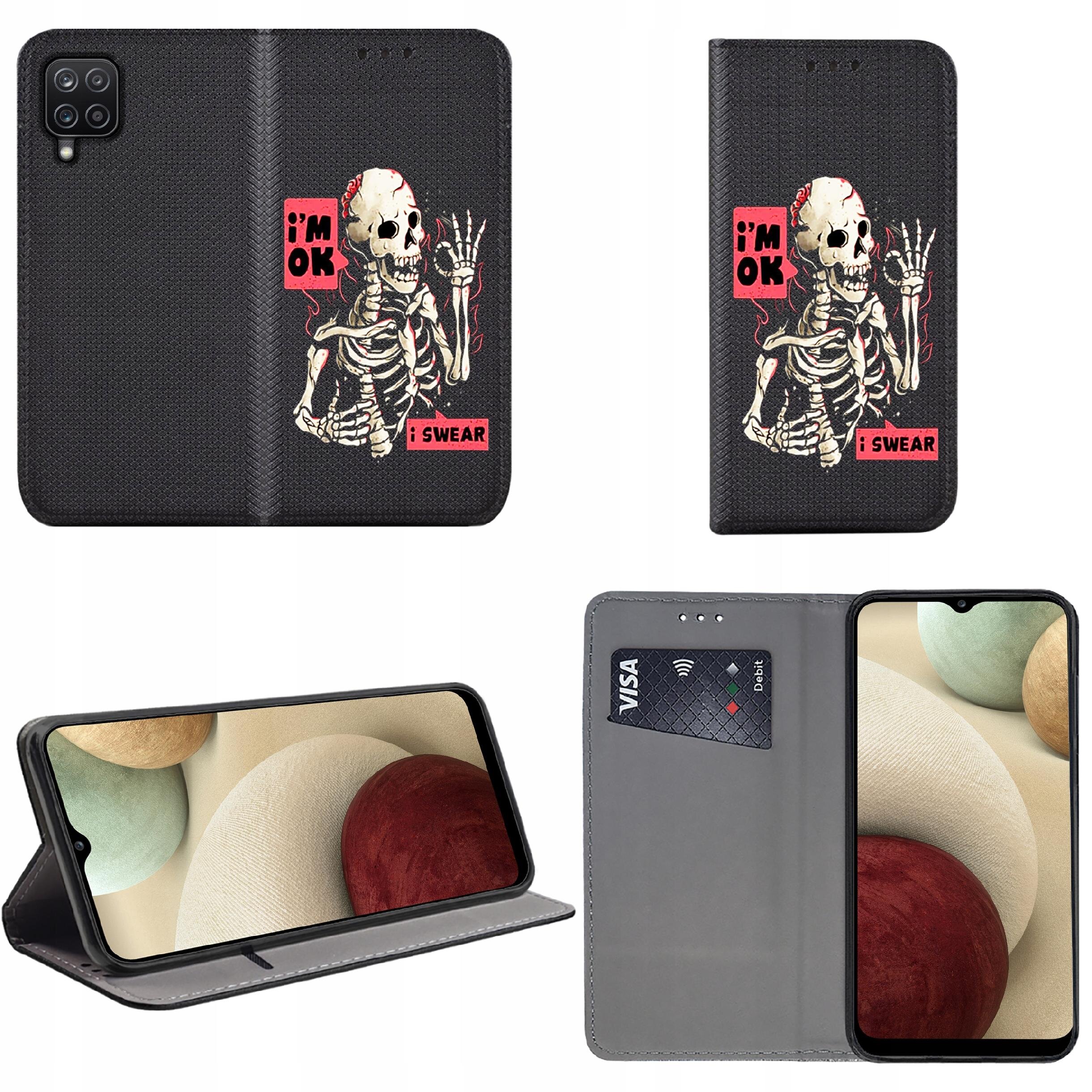 Etui na telefon z grafiką szkieletu i napisami \'i\'m OK\' oraz \'i SWEAR\'. Etui posiada funkcję portfela z miejscem na kartę płatniczą i może służyć jako podstawka do telefonu.