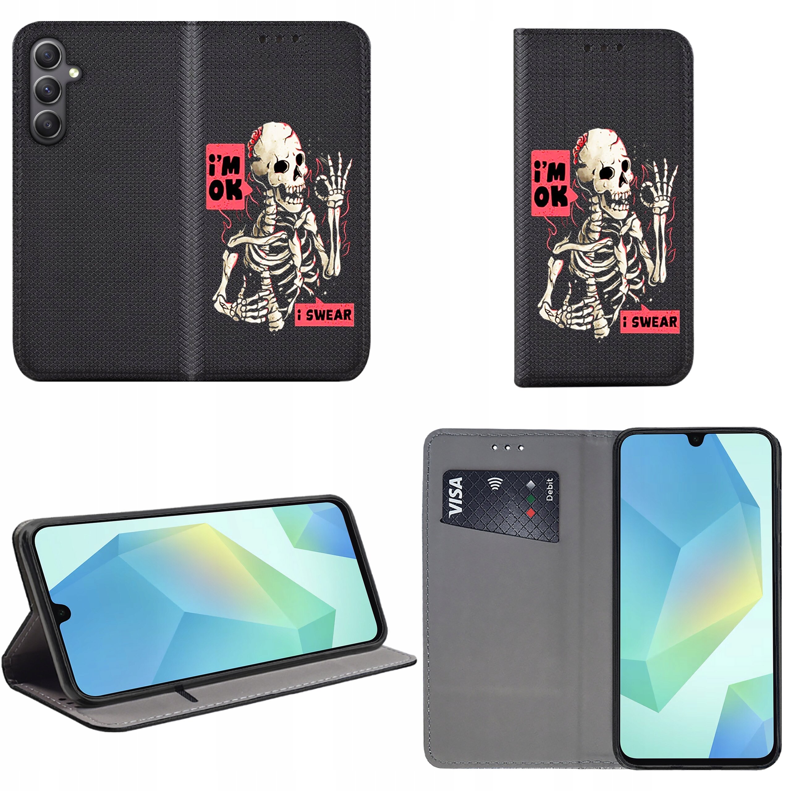 Etui na telefon z czarnym tłem i grafiką szkieletu z tekstem \'i\'m OK i SWEAR\'. Wnętrze etui posiada miejsce na kartę płatniczą i funkcję stojaka.