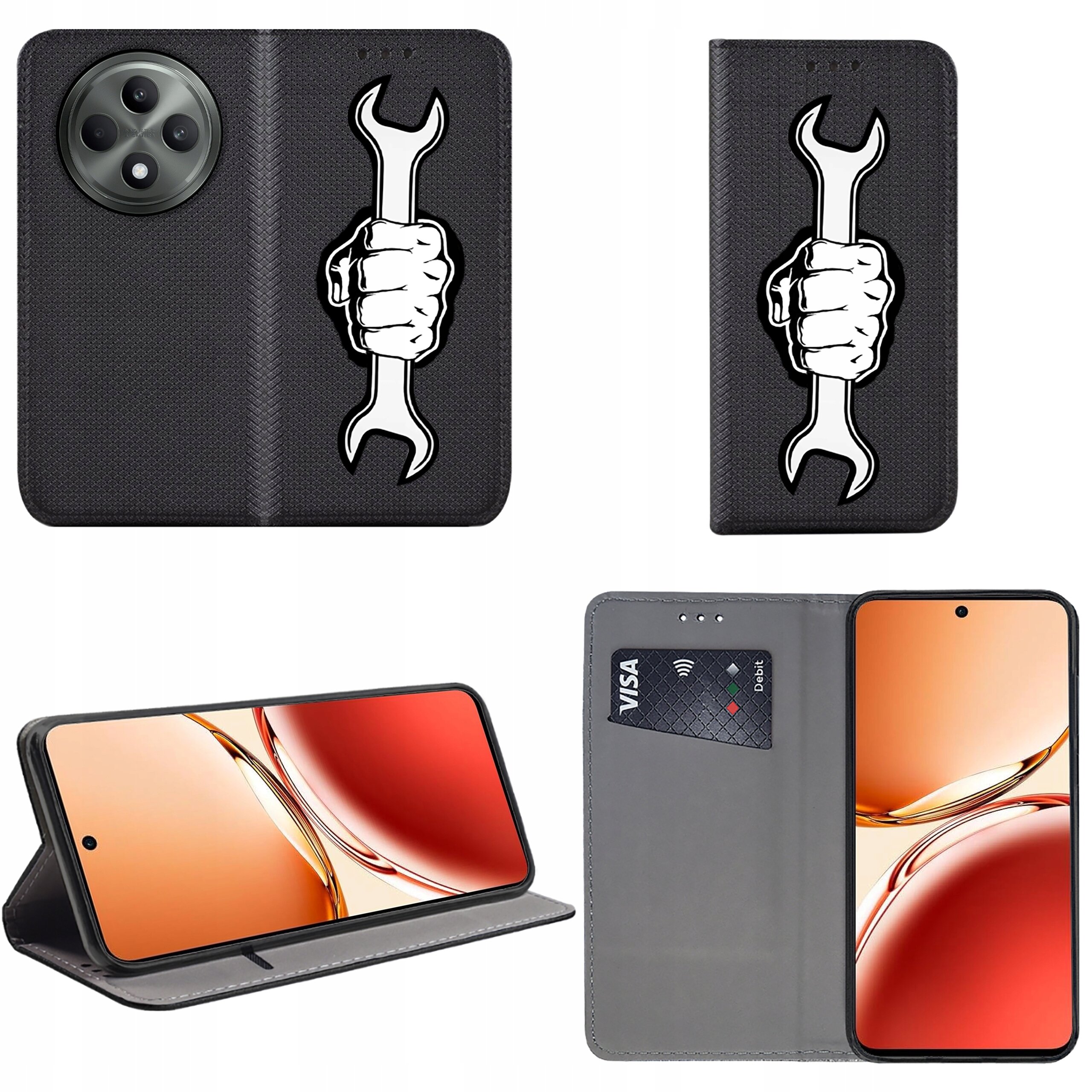 Etui na telefon z czarnym tłem i grafiką przedstawiającą rękę trzymającą klucz. Wnętrze etui ma miejsce na kartę płatniczą i funkcję stojaka, a telefon wyświetla ekran z pomarańczowym motywem.