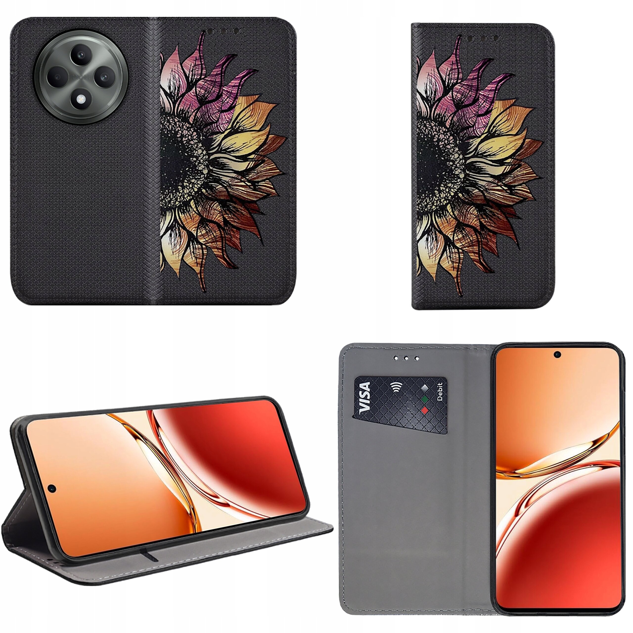 Etui na telefon z motywem kolorowego kwiatu, z funkcją stojaka i miejscem na kartę płatniczą. Wewnątrz widoczny jest telefon z wyświetlaczem o pomarańczowym tle.