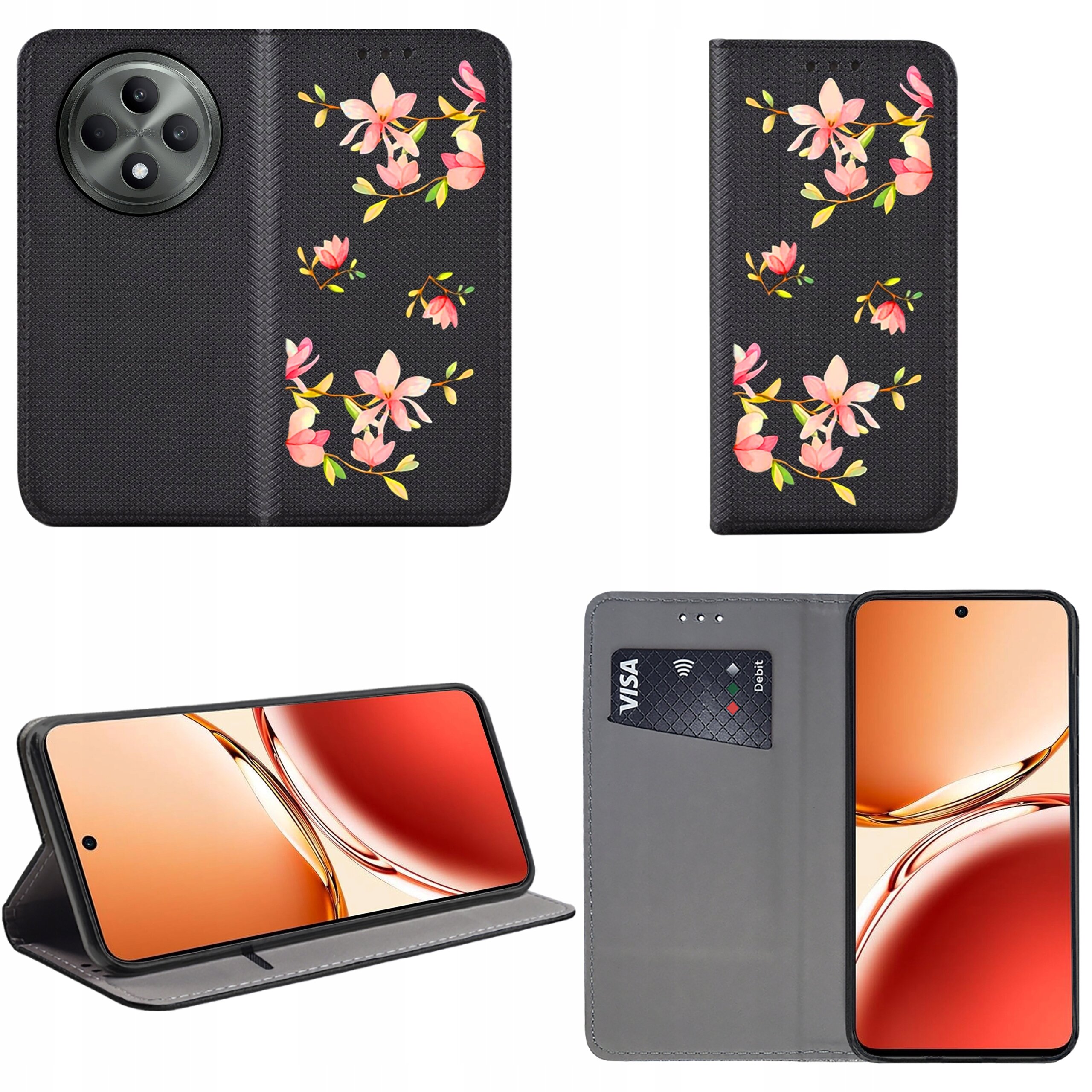 Etui na telefon z czarnym tłem i wzorem różowych kwiatów, posiada funkcję stojaka oraz miejsce na kartę płatniczą. Wewnątrz widoczny jest ekran telefonu z pomarańczowym motywem.